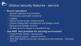 Globus security features - service
• Secure operations
– Intrusion detection and prevention
– Performance and health monitoring
– Logging
– Secure remote access, access control
– Uniform configuration management and change control
– Backups and disaster recovery
– All data stored by Globus is encrypted at rest
• Use AWS best practices for securing environment
– Virtual Private Clouds – host security
– AWS security groups – network security
– AWS IAM (identity and access management) best practices – individual
security
 