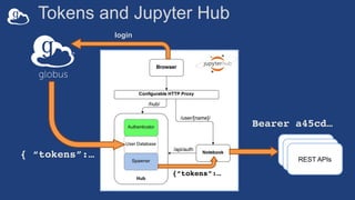 Tokens and Jupyter Hub
login
REST APIs
{ “tokens”:…
{“tokens”:…
REST APIs
REST APIs
Bearer a45cd…
 