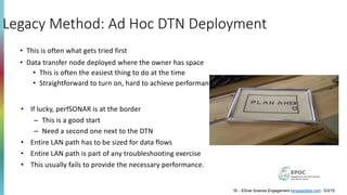 Legacy Method: Ad Hoc DTN Deployment
• This is often what gets tried first
• Data transfer node deployed where the owner has space
• This is often the easiest thing to do at the time
• Straightforward to turn on, hard to achieve performance
16 – ESnet Science Engagement (engage@es.net) - 5/3/19
• If lucky, perfSONAR is at the border
– This is a good start
– Need a second one next to the DTN
• Entire LAN path has to be sized for data flows
• Entire LAN path is part of any troubleshooting exercise
• This usually fails to provide the necessary performance.
 