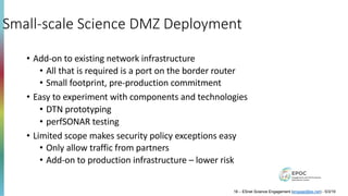 Small-scale Science DMZ Deployment
• Add-on to existing network infrastructure
• All that is required is a port on the border router
• Small footprint, pre-production commitment
• Easy to experiment with components and technologies
• DTN prototyping
• perfSONAR testing
• Limited scope makes security policy exceptions easy
• Only allow traffic from partners
• Add-on to production infrastructure – lower risk
18 – ESnet Science Engagement (engage@es.net) - 5/3/19
 