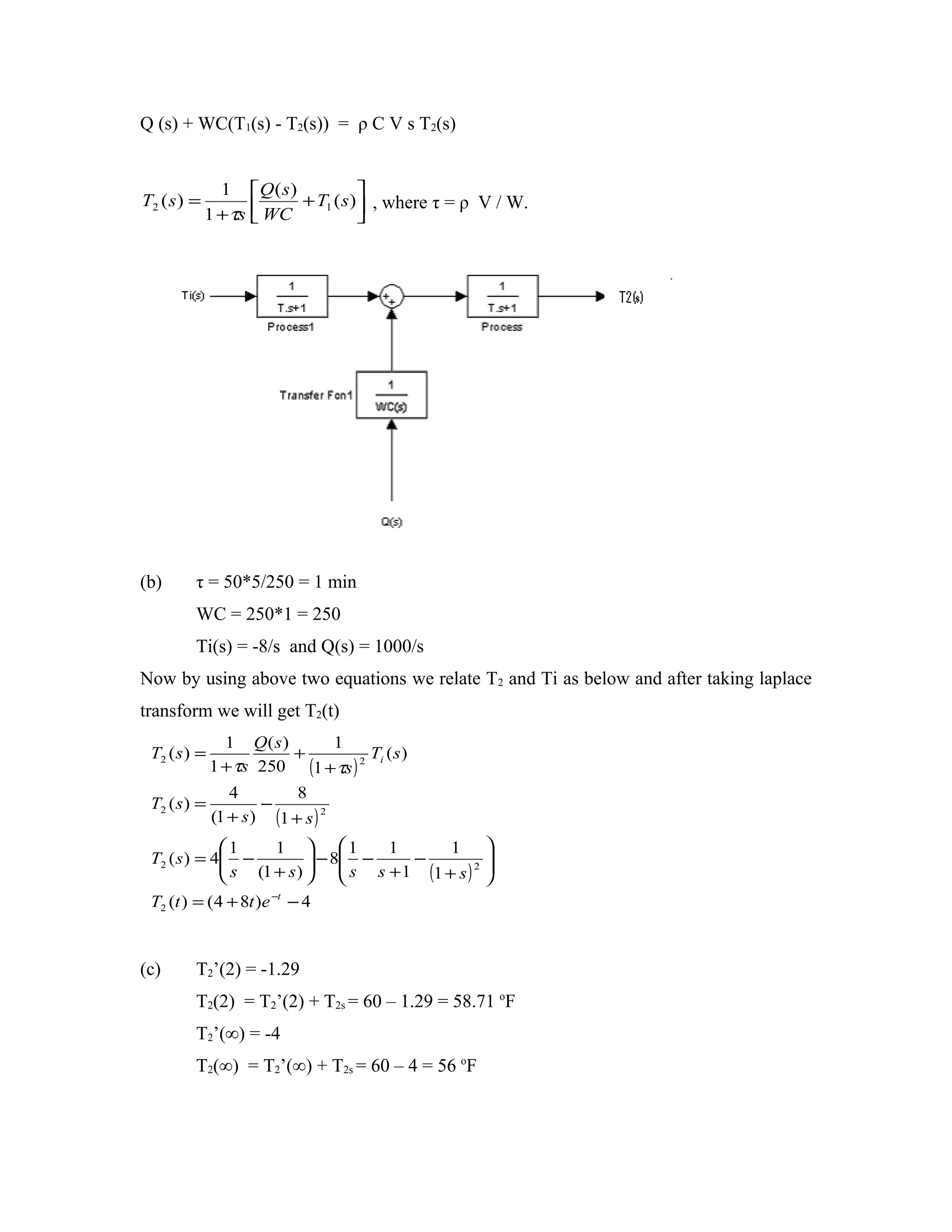 Q (s) + WC(T1(s) - T2(s)) = ρ C V s T2(s)


               1 Q( s)             
T2 ( s ) =           WC + T1 ( s )  , where τ = ρ V / W.
             1 + τs                




(b)      τ = 50*5/250 = 1 min
         WC = 250*1 = 250
         Ti(s) = -8/s and Q(s) = 1000/s
Now by using above two equations we relate T2 and Ti as below and after taking laplace
transform we will get T2(t)
              1 Q( s)           1
 T2 ( s ) =             +          Ti ( s )
            1 + τs 250 (1 + τs ) 2
               4         8
 T2 ( s ) =         −
            (1 + s ) (1 + s ) 2
             1     1  1             1         1        
              s (1 + s )  − 8 s − s + 1 −
 T2 ( s ) = 4 −                                        
                                                          
                                          (1 + s ) 2   
 T2 (t ) = (4 + 8t )e −t − 4



(c)      T2’(2) = -1.29
         T2(2) = T2’(2) + T2s = 60 – 1.29 = 58.71 oF
         T2’(∞) = -4
         T2(∞) = T2’(∞) + T2s = 60 – 4 = 56 oF
 