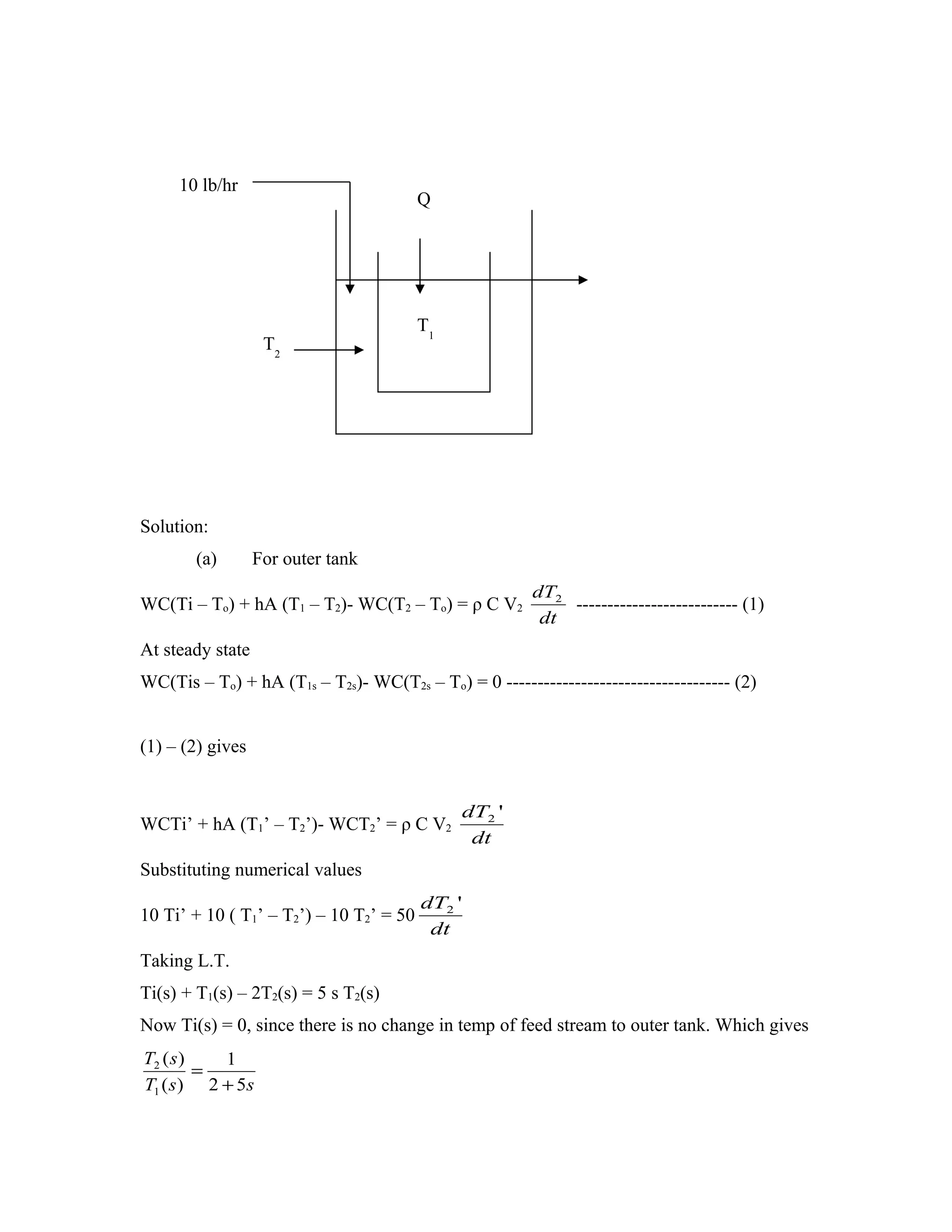 10 lb/hr
                                         Q




                                         T1
                   T2




Solution:
       (a)        For outer tank
                                                       dT2
WC(Ti – To) + hA (T1 – T2)- WC(T2 – To) = ρ C V2           -------------------------- (1)
                                                        dt
At steady state
WC(Tis – To) + hA (T1s – T2s)- WC(T2s – To) = 0 ------------------------------------ (2)


(1) – (2) gives


                                              dT2 '
WCTi’ + hA (T1’ – T2’)- WCT2’ = ρ C V2
                                               dt
Substituting numerical values
                                         dT2 '
10 Ti’ + 10 ( T1’ – T2’) – 10 T2’ = 50
                                          dt
Taking L.T.
Ti(s) + T1(s) – 2T2(s) = 5 s T2(s)
Now Ti(s) = 0, since there is no change in temp of feed stream to outer tank. Which gives
T2 ( s )   1
         =
T1 ( s ) 2 + 5s
 