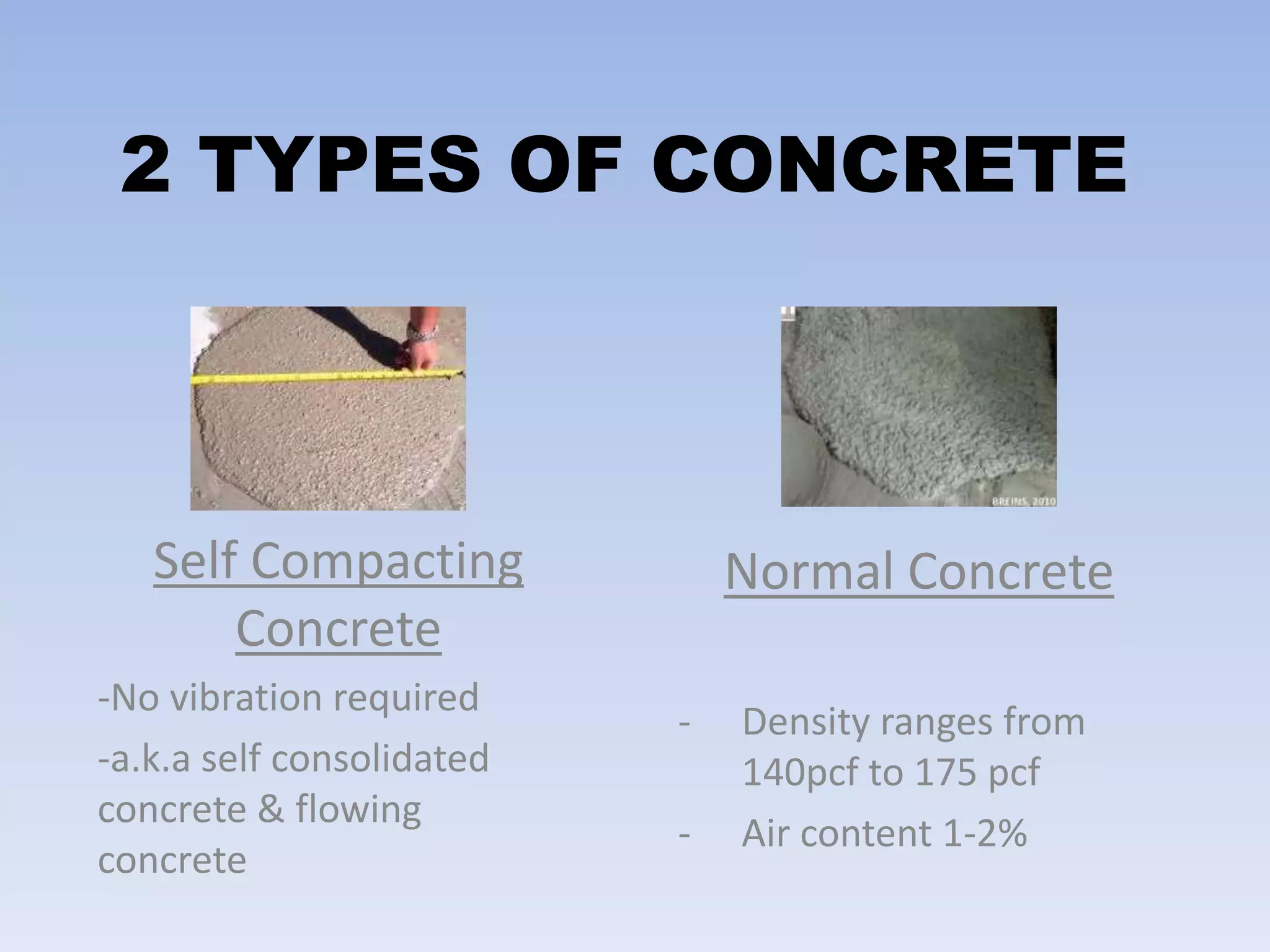 2 TYPES OF CONCRETE
Self Compacting
Concrete
-No vibration required
-a.k.a self consolidated
concrete & flowing
concrete
Normal Concrete
- Density ranges from
140pcf to 175 pcf
- Air content 1-2%