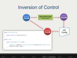 Inversion of Control
                                    Interfaccia
  Componente
               ServiceProvider
  ComA           (IoC Container)    IComB




                       Componente    IoC
                       ComB         Config
 