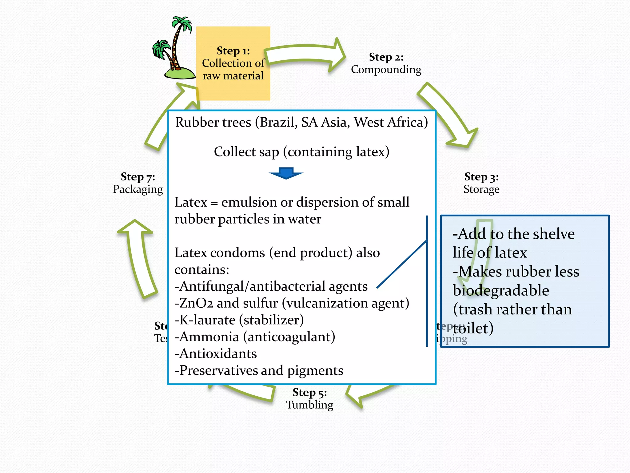 Step 1:
                                             Step 2:
                Collection of
                                           Compounding
                raw material



            Rubber trees (Brazil, SA Asia, West Africa)

                  Collect sap (containing latex)
 Step 7:                                                       Step 3:
Packaging                                                      Storage
            Latex = emulsion or dispersion of small
            rubber particles in water
                                                              -Add to the shelve
           Latex condoms (end product) also                   life of latex
           contains:                                          -Makes rubber less
           -Antifungal/antibacterial agents                   biodegradable
           -ZnO2 and sulfur (vulcanization agent)             (trash rather than
           -K-laurate (stabilizer)
       Step 6:                                            Steptoilet)
                                                               4:
           -Ammonia (anticoagulant)
       Testing                                           Dipping
           -Antioxidants
           -Preservatives and pigments
                                 Step 5:
                                Tumbling
 
