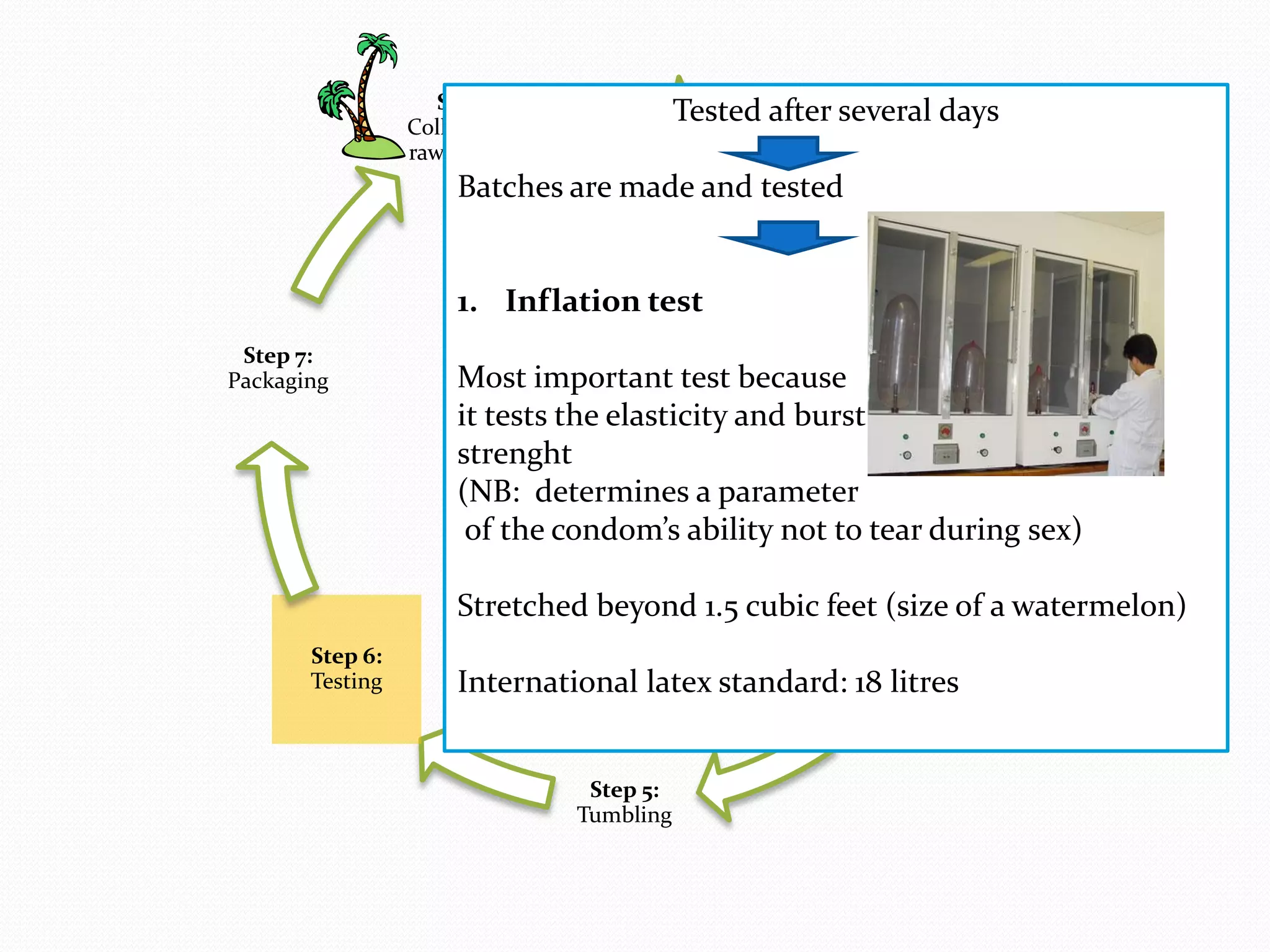 Step 1:                 Tested after several days
                                                 Step 2:
                 Collection of
                                              Compounding
                 raw material
                      Batches are made and tested


                      1. Inflation test
 Step 7:                                                           Step 3:
Packaging             Most important test because          Storage
                      it tests the elasticity and burst
                      strenght
                      (NB: determines a parameter
                       of the condom’s ability not to tear during sex)

                      Stretched beyond 1.5 cubic feet (size of a watermelon)
       Step 6:                                               Step 4:
       Testing        International latex standard:         18 litres
                                                             Dipping



                                  Step 5:
                                 Tumbling
 