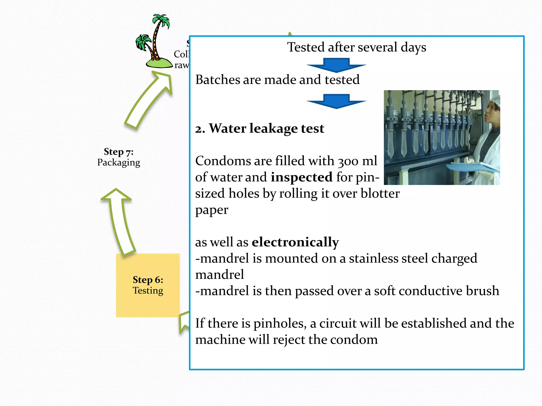 Step 1:                 Tested after several days
                                                 Step 2:
                 Collection of
                                              Compounding
                 raw material
                      Batches are made and tested


                      2. Water leakage test
 Step 7:                                                        Step 3:
Packaging             Condoms are filled with 300 ml        Storage
                      of water and inspected for pin-
                      sized holes by rolling it over blotter
                      paper

                      as well as electronically
                      -mandrel is mounted on a stainless steel charged
       Step 6:        mandrel                       Step 4:
       Testing        -mandrel is then passed over a soft conductive brush
                                                   Dipping


                      If there is pinholes, a circuit will be established and the
                                 Step 5:
                      machine will reject the condom
                                 Tumbling
 