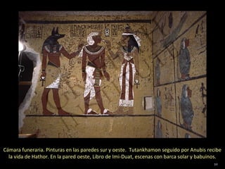 Cámara funeraria. Pinturas en las paredes sur y oeste. Tutankhamon seguido por Anubis recibe
  la vida de Hathor. En la pared oeste, Libro de Imi-Duat, escenas con barca solar y babuinos.
                                                                                          10
 