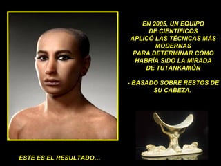 ESTE ES EL RESULTADO… EN 2005, UN EQUIPO DE CIENTÍFICOS  APLICÓ LAS TÉCNICAS MÁS MODERNAS PARA DETERMINAR CÓMO  HABRÍA SIDO LA MIRADA  DE TUTANKAMÓN - BASADO SOBRE RESTOS DE SU CABEZA.  