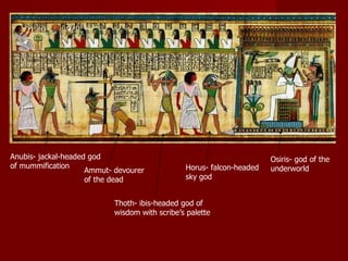 Anubis- jackal-headed god                                             Osiris- god of the
of mummification                               Horus- falcon-headed   underworld
                     Ammut- devourer
                     of the dead               sky god


                           Thoth- ibis-headed god of
                           wisdom with scribe’s palette
 