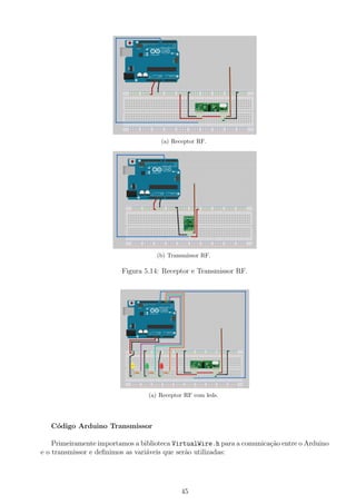 (a) Receptor RF.
(b) Transmissor RF.
Figura 5.14: Receptor e Transmissor RF.
(a) Receptor RF com leds.
C´odigo Arduino Transmissor
Primeiramente importamos a biblioteca VirtualWire.h para a comunica¸c˜ao entre o Arduino
e o transmissor e deﬁnimos as vari´aveis que ser˜ao utilizadas:
45
 