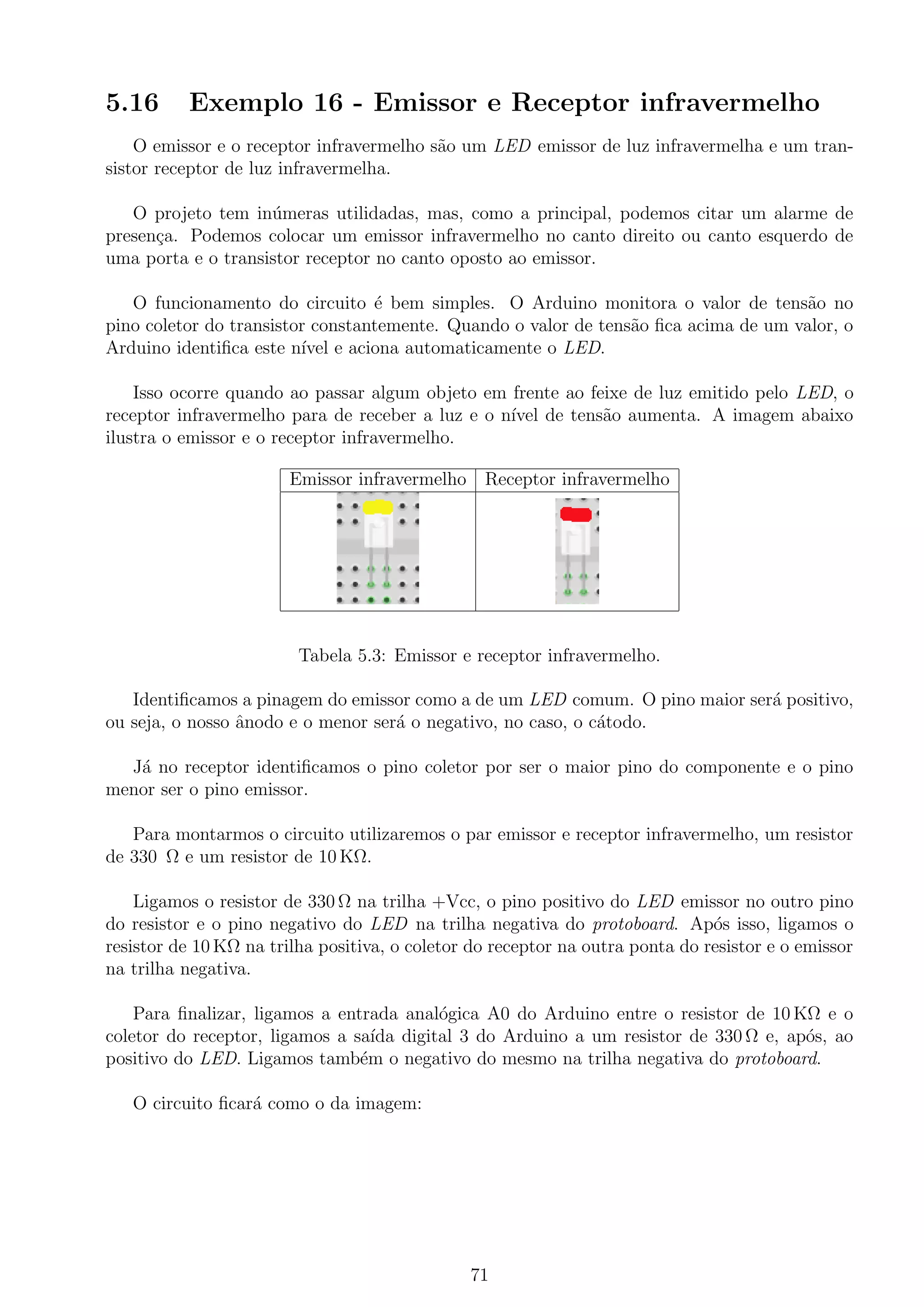5.16 Exemplo 16 - Emissor e Receptor infravermelho
O emissor e o receptor infravermelho s˜ao um LED emissor de luz infravermelha e um tran-
sistor receptor de luz infravermelha.
O projeto tem in´umeras utilidadas, mas, como a principal, podemos citar um alarme de
presen¸ca. Podemos colocar um emissor infravermelho no canto direito ou canto esquerdo de
uma porta e o transistor receptor no canto oposto ao emissor.
O funcionamento do circuito ´e bem simples. O Arduino monitora o valor de tens˜ao no
pino coletor do transistor constantemente. Quando o valor de tens˜ao ﬁca acima de um valor, o
Arduino identiﬁca este n´ıvel e aciona automaticamente o LED.
Isso ocorre quando ao passar algum objeto em frente ao feixe de luz emitido pelo LED, o
receptor infravermelho para de receber a luz e o n´ıvel de tens˜ao aumenta. A imagem abaixo
ilustra o emissor e o receptor infravermelho.
Emissor infravermelho Receptor infravermelho
Tabela 5.3: Emissor e receptor infravermelho.
Identiﬁcamos a pinagem do emissor como a de um LED comum. O pino maior ser´a positivo,
ou seja, o nosso ˆanodo e o menor ser´a o negativo, no caso, o c´atodo.
J´a no receptor identiﬁcamos o pino coletor por ser o maior pino do componente e o pino
menor ser o pino emissor.
Para montarmos o circuito utilizaremos o par emissor e receptor infravermelho, um resistor
de 330 Ω e um resistor de 10 KΩ.
Ligamos o resistor de 330 Ω na trilha +Vcc, o pino positivo do LED emissor no outro pino
do resistor e o pino negativo do LED na trilha negativa do protoboard. Ap´os isso, ligamos o
resistor de 10 KΩ na trilha positiva, o coletor do receptor na outra ponta do resistor e o emissor
na trilha negativa.
Para ﬁnalizar, ligamos a entrada anal´ogica A0 do Arduino entre o resistor de 10 KΩ e o
coletor do receptor, ligamos a sa´ıda digital 3 do Arduino a um resistor de 330 Ω e, ap´os, ao
positivo do LED. Ligamos tamb´em o negativo do mesmo na trilha negativa do protoboard.
O circuito ﬁcar´a como o da imagem:
71
 