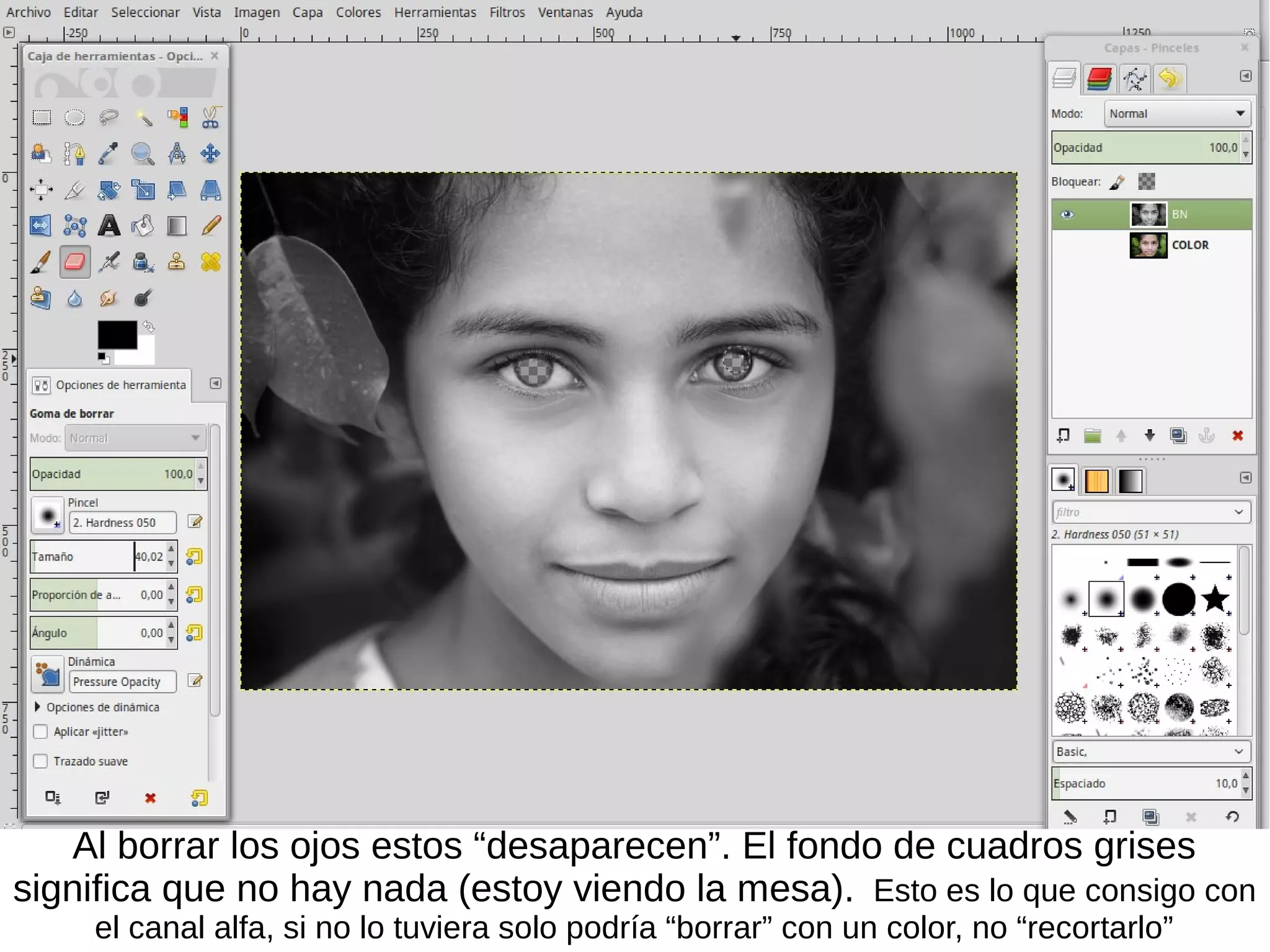 Al borrar los ojos estos “desaparecen”. El fondo de cuadros grises
significa que no hay nada (estoy viendo la mesa). Esto es lo que consigo con
el canal alfa, si no lo tuviera solo podría “borrar” con un color, no “recortarlo”
 