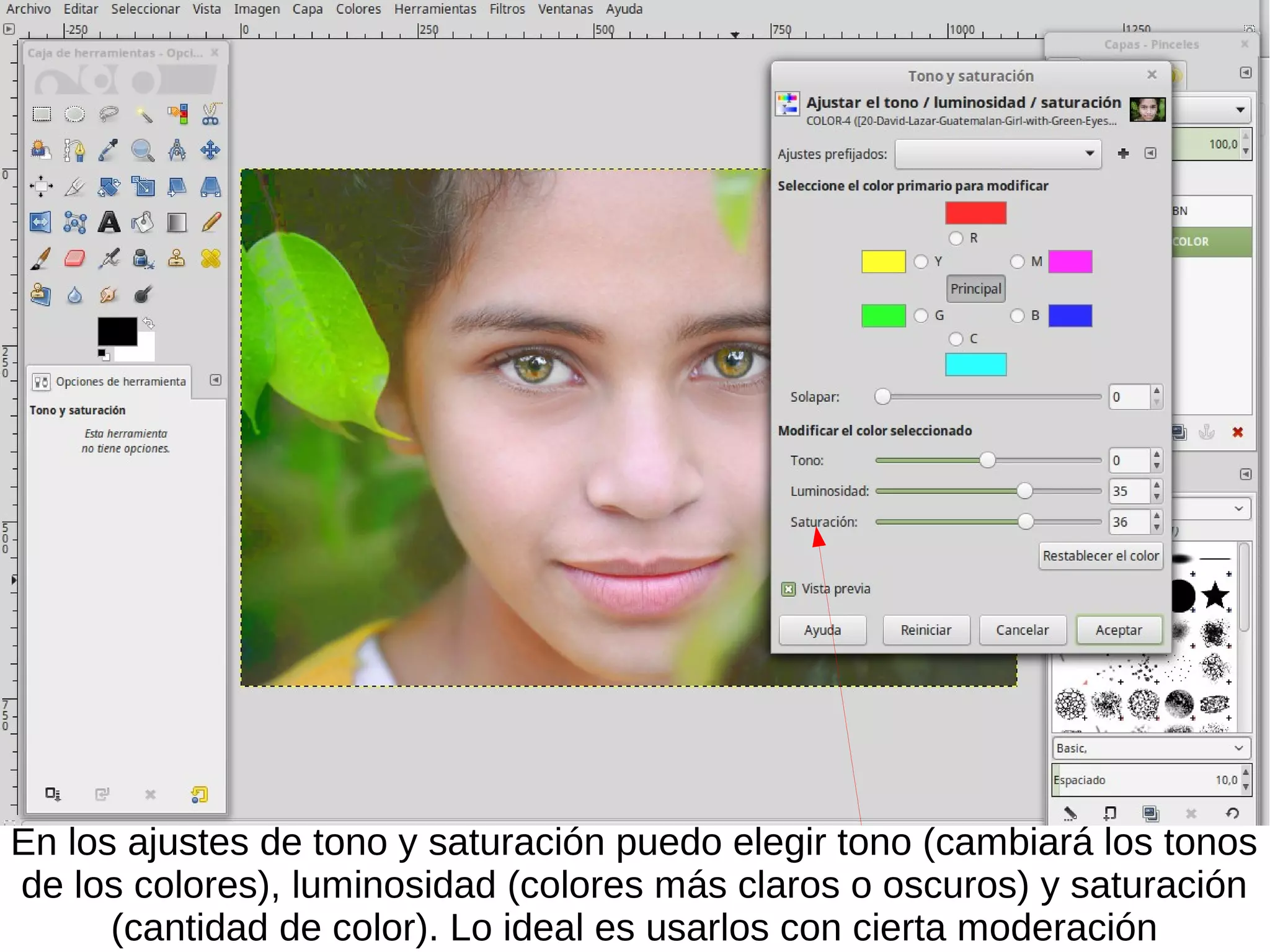 En los ajustes de tono y saturación puedo elegir tono (cambiará los tonos
de los colores), luminosidad (colores más claros o oscuros) y saturación
(cantidad de color). Lo ideal es usarlos con cierta moderación
 