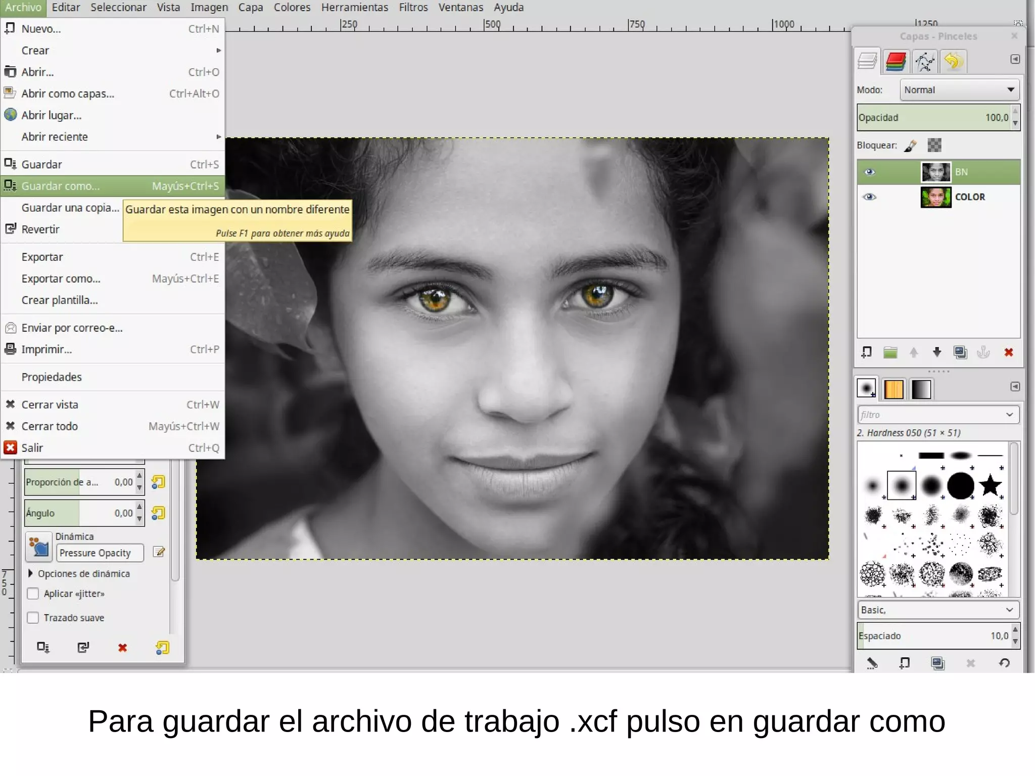 Para guardar el archivo de trabajo .xcf pulso en guardar como
 