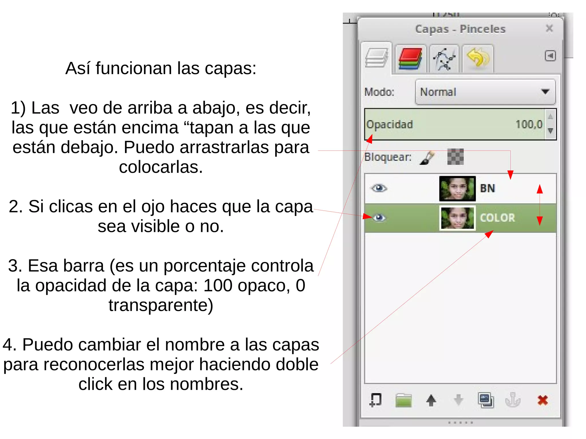 Así funcionan las capas:
1) Las veo de arriba a abajo, es decir,
las que están encima “tapan a las que
están debajo. Puedo arrastrarlas para
colocarlas.
2. Si clicas en el ojo haces que la capa
sea visible o no.
3. Esa barra (es un porcentaje controla
la opacidad de la capa: 100 opaco, 0
transparente)
4. Puedo cambiar el nombre a las capas
para reconocerlas mejor haciendo doble
click en los nombres.
 