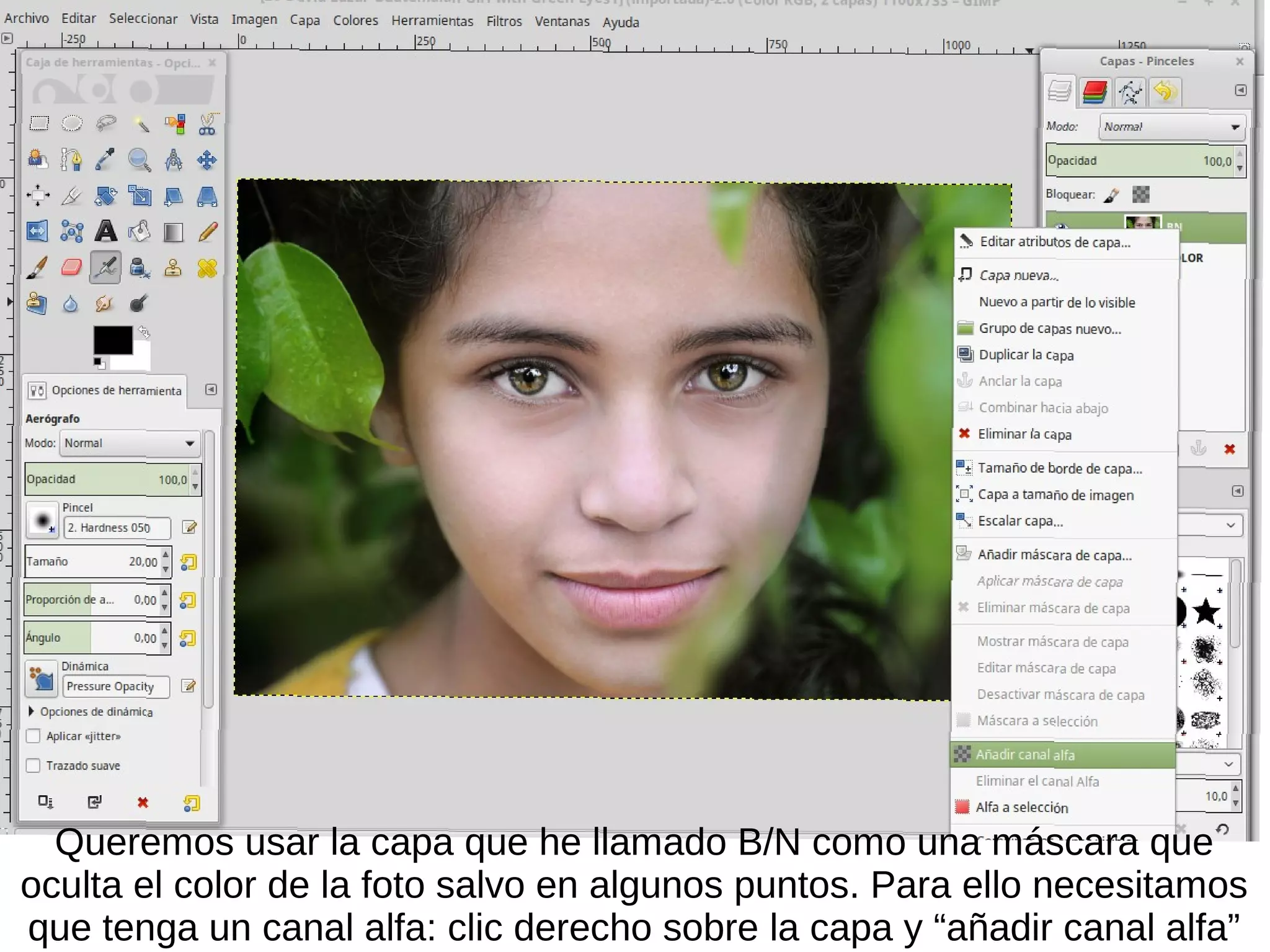 Queremos usar la capa que he llamado B/N como una máscara que
oculta el color de la foto salvo en algunos puntos. Para ello necesitamos
que tenga un canal alfa: clic derecho sobre la capa y “añadir canal alfa”
 