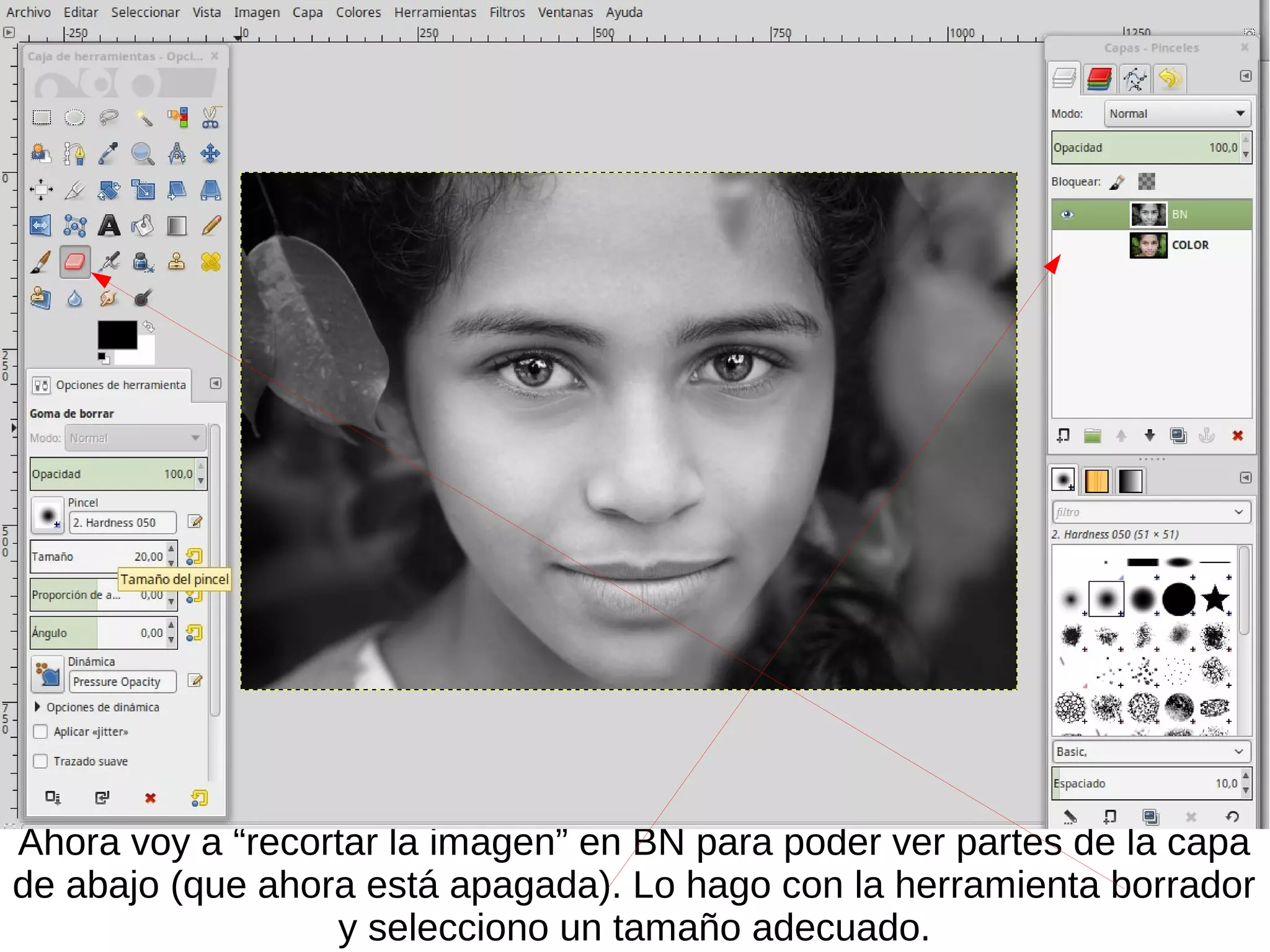 Ahora voy a “recortar la imagen” en BN para poder ver partes de la capa
de abajo (que ahora está apagada). Lo hago con la herramienta borrador
y selecciono un tamaño adecuado.
 