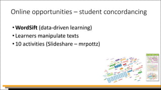 Online opportunities – student concordancing
•WordSift (data-driven learning)
•Learners manipulate texts
•10 activities (Slideshare – mrpottz)
 