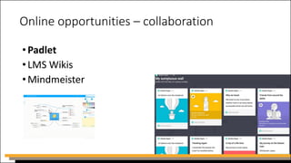 Online opportunities – collaboration
•Padlet
•LMS Wikis
•Mindmeister
 