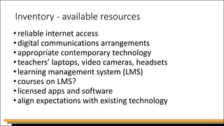 Inventory - available resources
•reliable internet access
•digital communications arrangements
•appropriate contemporary technology
•teachers’ laptops, video cameras, headsets
•learning management system (LMS)
•courses on LMS?
•licensed apps and software
•align expectations with existing technology
 