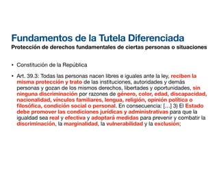 Fundamentos de la Tutela Diferenciada
Protección de derechos fundamentales de ciertas personas o situaciones
• Constitución de la República
• Art. 39.3: Todas las personas nacen libres e iguales ante la ley, reciben la
misma protección y trato de las instituciones, autoridades y demás
personas y gozan de los mismos derechos, libertades y oportunidades, sin
ninguna discriminación por razones de género, color, edad, discapacidad,
nacionalidad, vínculos familiares, lengua, religión, opinión política o
fi
losó
fi
ca, condición social o personal. En consecuencia: […] 3) El Estado
debe promover las condiciones jurídicas y administrativas para que la
igualdad sea real y efectiva y adoptará medidas para prevenir y combatir la
discriminación, la marginalidad, la vulnerabilidad y la exclusión;
 