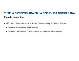 TUTELA DIFERENCIADA EN LA REPÚBLICA DOMINICANA
Plan de contenido
• Módulo 3: Tensiones entre la Tutela Diferenciada y el Debido Proceso
• Con
fl
ictos con el Debido Proceso
• Criterios del Tribunal Constitucional sobre el Debido Proceso
 