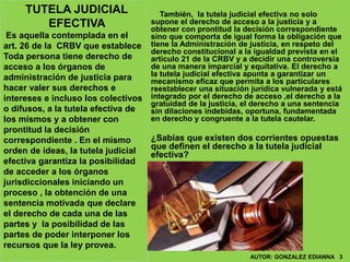 TUTELA JUDICIAL
EFECTIVA
Es aquella contemplada en el
art. 26 de la CRBV que establece
Toda persona tiene derecho de
acceso a los órganos de
administración de justicia para
hacer valer sus derechos e
intereses e incluso los colectivos
o difusos, a la tutela efectiva de
los mismos y a obtener con
prontitud la decisión
correspondiente . En el mismo
orden de ideas, la tutela judicial
efectiva garantiza la posibilidad
de acceder a los órganos
jurisdiccionales iniciando un
proceso , la obtención de una
sentencia motivada que declare
el derecho de cada una de las
partes y la posibilidad de las
partes de poder interponer los
recursos que la ley provea.
También, la tutela judicial efectiva no solo
supone el derecho de acceso a la justicia y a
obtener con prontitud la decisión correspondiente
sino que comporta de igual forma la obligación que
tiene la Administración de justicia, en respeto del
derecho constitucional a la igualdad prevista en el
artículo 21 de la CRBV y a decidir una controversia
de una manera imparcial y equitativa. El derecho a
la tutela judicial efectiva apunta a garantizar un
mecanismo eficaz que permita a los particulares
reestablecer una situación jurídica vulnerada y está
integrado por el derecho de acceso ,el derecho a la
gratuidad de la justicia, el derecho a una sentencia
sin dilaciones indebidas, oportuna, fundamentada
en derecho y congruente a la tutela cautelar.
¿Sabias que existen dos corrientes opuestas
que definen el derecho a la tutela judicial
efectiva?
AUTOR: GONZALEZ EDIANNA 3
 