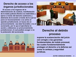 Derecho de acceso a los
órganos jurisdiccionales
El acceso a los órganos de la
Administración de Justicia, manifestación
de la tutela judicial efectiva se materializa y
ejerce a través del derecho autónomo y
abstracto de la acción a través de la cual se
pone en funcionamiento o se activa el
aparato jurisdiccional, en busca de un
pronunciamiento sea éste favorable o no al
accionante, por lo que al ejercitarse la
acción y obtenerse un pronunciamiento
jurisdiccional, el cual pudiere acoger o no
la pretensión del accionante.
Derecho al debido
proceso
supone la sustanciación del juicio
con arreglo a las garantías
fundamentales de índole procesal,
las cuales fundamentalmente
protegen el derecho a la defensa así
como la certeza y seguridad
jurídicas.
AUTOR: GONZALEZ EDIANNA 4
 