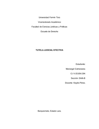 Universidad Fermín Toro
Vicerrectorado Académico
Facultad de Ciencias Jurídicas y Políticas
Escuela de Derecho
TUTELA JUDICIAL EFECTIVA
Estudiante:
Mariangel Colmenares
C.I V-25.854.394
Sección: SAIA-B
Docente: Keydis Pérez.
Barquisimeto, Estado Lara.
 