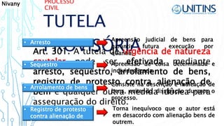 PROCESSO
CIVIL
TUTELA
PROVISÓRIAArt. 301. A tutela de urgência de natureza
cautelar pode ser efetivada mediante
arresto, sequestro, arrolamento de bens,
registro de protesto contra alienação de
bem e qualquer outra medida idônea para
asseguração do direito.
• Arresto
• Sequestro
Consiste na descrição e indicação de
bens, evitando dissipação durante o
processo.
Torna inequívoco que o autor está
em desacordo com alienação bens de
outrem.
Apreensão judicial de bens para
garantir futura execução por
quantia.
Apreensão de coisa determinada e
individualizada.
• Arrolamento de bens
• Registro de protesto
contra alienação de
bens
Nivany
 
