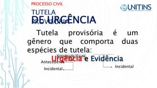 Antecipada/Caute
lar
PROCESSO CIVIL
DE URGÊNCIA
Tutela provisória é um
gênero que comporta duas
espécies de tutela:
Urgência e Evidência
TUTELA
PROVISÓRIA
Antecedente
Incidental
Incidental
 