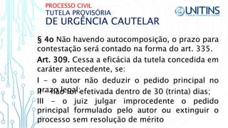 PROCESSO CIVIL
DE URGÊNCIA CAUTELAR
TUTELA PROVISÓRIA
§ 4o Não havendo autocomposição, o prazo para
contestação será contado na forma do art. 335.
Art. 309. Cessa a eficácia da tutela concedida em
caráter antecedente, se:
I - o autor não deduzir o pedido principal no
prazo legal;II - não for efetivada dentro de 30 (trinta) dias;
III - o juiz julgar improcedente o pedido
principal formulado pelo autor ou extinguir o
processo sem resolução de mérito
 