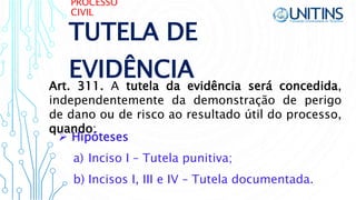 PROCESSO
CIVIL
TUTELA DE
EVIDÊNCIA
Art. 311. A tutela da evidência será concedida,
independentemente da demonstração de perigo
de dano ou de risco ao resultado útil do processo,
quando:
 Hipóteses
a) Inciso I – Tutela punitiva;
b) Incisos I, III e IV – Tutela documentada.
 