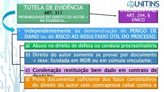 TUTELA DE EVIDÊNCIA
ART. 311
PROBABILIDADE DO DIREITO DO AUTOR +
NA EVIDÊNCIA...
INCIDENTAL
ART. 294, §
ÚNICO
• Independentemente da demonstração de PERIGO DE
DANO ou de RISCO AO RESULTADO ÚTIL DO PROCESSO,
quando:
a) Abuso no direito de defesa ou conduta procrastinatória
do réu;
b) Direito do autor somente se provar por documento
+ tese: fundada em IRDR ou em súmula vinculante;
c) Condenação restituição bem dado em contrato de
depósito;
d) Prova documental suficiente dos fatos constitutivos
do direito do autor sem contraprova cabal contra o
 