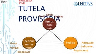 PROCESSO
CIVIL
TUTELA
PROVISÓRIAfumus
boni
iuris
pericul
um in
mora
Pedido
Irreparável
Grave
Provável
Proporcional
Adequado
Suficiente
Evident
e
Fatos
Direit
o
Elder
 
