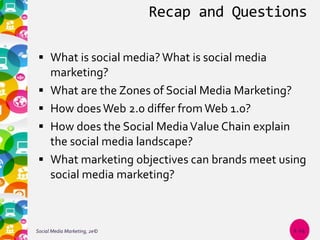 Recap and Questions
 What is social media? What is social media
marketing?
 What are the Zones of Social Media Marketing?
 How doesWeb 2.0 differ fromWeb 1.0?
 How does the Social MediaValue Chain explain
the social media landscape?
 What marketing objectives can brands meet using
social media marketing?
Social Media Marketing, 2e© 1-24
 