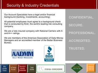 Security & Industry Credentials

  Our Account Specialists have a legal and/or financial
  background (banking, investments, accounting).                    CONFIDENTIAL.
  All potential employees must agree to a background check
  that is conducted by Kroll, the world’s leading risk consulting
  company.                                                          SECURE.
  We are a fully insured company with National Carriers with A
  and A++ ratings.                                                  PROFESSIONAL.
  We are members of the American Association of Daily Money
  Managers and an accredited member of the Better Business          ACCREDITED.
  Bureau.

                                                                    TRUSTED.




 Why                   Security &                                      Special Offer     How to
           Is Fiscon                  Case
choose                  Industry                                      Free 3 mo. trial   sign up
            for me?                  studies
Fiscon                 Credentials
 