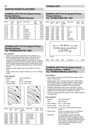 43
HORTUM TEKNİĞİ ELASTOMER
thomafluid®
THOMAFLUID®-PVC-Iki Stoperli Kimya
Pompa Hortumu
Tip: THOMACHEM-RH Standart
Kat.no	 İç çap	 Dış çap	 Renk kodu	 Birim	 Fiyat
	 mm	 mm	 	 Adet	 Avro
27134	 2,06	 3,74	 mor	 6	 66,00
27135	 2,06	 3,74	 mor	 12	 114,00
27136	 2,29	 3,97	 mor/siyah	 6	 66,00
27137	 2,29	 3,97	 mor/siyah	 12	 114,00
27138	 2,54	 4,22	 mor/turuncu	 6	 66,00
27139	 2,54	 4,22	 mor/turuncu	 12	 114,00
27140	 2,79	 4,47	 mor/beyaz	 6	 66,00
27141	 2,79	 4,47	 mor/beyaz	 12	 114,00
THOMAFLUID®-PVC-Iki Stoperli Kimya
Pompa Hortumu
Tip: THOMACHEM-TEC 1560
Ürün Özellikleri:
•	 Hortum sarma makaralı  peristaltik hortum pompaları için.
•	 Dirençli –hassas kimya pompa hortumu, özel yüksek verimli
PVC formülünden üretimli, rutin kullanım alanları ve sulu
ortamların, tuz çözeltilerin alkollerin, mineral asitlerin ve alkalli
sutdostik (konsantre olanlar da) maddelerin nakli için yapılmıştır.
Hortum sarma makarası içerisinde tutma vazifesi gören iki sto-
per içermektedir, kullanımı kolaylaştırması için renkli kodlandır-
malıdır.
•	 Kullanıma yönelik, hassas ayarlı iç çap 0,254 ile 2,794 mm
arası;
•	 Toplam uzunluk: 40 cm; Stoper mesafesi: ca.14 cm, ambalajda
6 adet.
Teknik Özellikleri:
•	 Materyal:	 PVC (Polivinilklorür)
•	 Renk:	 şeffaf
•	 Shore sertliği A:	 65° ± 5° (DIN 53505)
•	 Sıcaklık aralığı:	 -10 ile  +60 °C arası
Kat.no	 İç çap	 Dış çap	 Duvar	 Renk kodu	 Birim	 Fiyat
	 mm	 mm	 kalınlığı	 	 Adet	 Avro	
	 	 	 mm
43817	 0,254	 2,054	 0,90	 turuncu/mavi	 6	 63,00
43818	 0,381	 2,181	 0,90	 turuncu/yeşil	 6	 63,00
43819	 0,508	 2,208	 0,85	 turuncu/sarı	 6	 63,00
43820	 0,635	 2,435	 0,90	 turuncu/beyaz	 6	 63,00
43821	 0,762	 2,362	 0,80	 siyah	 6	 63,00
43822	 0,889	 2,489	 0,80	 turuncu	 6	 63,00
43823	 1,016	 2,716	 0,85	 beyaz	 6	 63,00
THOMAFLUID®-PVC-Iki Stoperli Kimya
Pompa Hortumu
Tip: THOMACHEM-TEC 1560
Kat.no	 İç çap	 Dış çap	 Duvar	 Renk kodu	 Birim	 Fiyat
	 mm	 mm	 kalınlığı	 	 Adet	 Avro	
	 	 	 mm
43824	 1,143	 2,743	 0,80	 kırmızı	 6	 63,00
43825	 1,295	 2,795	 0,75	 gri	 6	 63,00
43826	 1,442	 3,042	 0,80	 sarı	 6	 63,00
43827	 1,524	 3,024	 0,75	 sarı/mavi	 6	 63,00
43828	 1,651	 3,251	 0,80	 mavi	 6	 63,00
43829	 1,854	 3,554	 0,85	 yeşil	 6	 63,00
43830	 2,057	 3,657	 0,80	 mor	 6	 63,00
43831	 2,286	 3,986	 0,85	 mor/siyah	 6	 63,00
43832	 2,540	 4,140	 0,80	 mor/turuncu	 6	 63,00
43833	 2,794	 4,594	 0,90	 mor/beyaz	 6	 63,00
THOMAFLUID®-PVC-Iki Stoperli Ayarlı
Pompa Hortumu – Kalibre
Tip: THOMACHEM-Accurate-Flow
Ürün Özellikleri:
•	 Mikro analitik ve mikro işlem kontrollerinde ayıraçların hassas
dozajını mümkün kılar.
•	 Rezistan ayarlı –kimya –pompa hortumu özel, yüksek verimli
PVC formülüne göre, rutin kullanım alanları ve sulu ortamların,
tuz çözeltilerin, alkollerin, mineral asitlerin ve alkalli sutostik
(konsantre edilmişlerde) maddelerin nakli için yapılmıştır.
•	 THOMAFLUID®-Mikro-hassas pompa hortumların iç çapının
dar toleransları kalibreli akış oranını garanti eder. Bunların akış
nitelikleri otomatik analiz sisteminin taleplerine uygundur.
•	 Kullanılan hammaddeler BfR önerilerine uygun olarak yapılmıştır
ve onaylanmıştır.
Teknik Özellikleri:
•	 Materyal:	 PVC (Polivinilklorür)
•	 Renk:	 şeffaf, mavimsi
•	 Shore sertliği A:	 65° ± 5° (DIN 53505)
•	 Sıcaklık aralığı:	 -10 ile  +60 °C arası
•	 Naki hassasiyeti:	 ± 1 % (kesin, normal toleransın oldukca 	
		 altında)
•	 Sabit uzunluk:	 Hortum ucu başına 406,5 mm, kod flamalı, 	 	
		 flamalar arasındaki mesafe 154 mm
•	 Düzenleme:	 Formül geliştirme çercevesi içerisinde 	
		 denetimler USP XXI Test, Class VI’ye göre 	
		 yapılmaktadır. Hortum standartları bu koşul-	
		 lara uygundur. THOMAFLUID®-Mikro-Pompa	
		 hortum üretimi US Federal Standart 209 B 	
		 hava saflık sınıfı 1000 koşullarına uygun 	
		 olarak üretilmektedir.
43 817 43 817
43 817
 