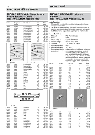 44
HORTUM TEKNİĞİ ELASTOMER
thomafluid®
THOMAFLUID®-PVC-Iki Stoperli Ayarlı
Pompa Hortumu – Kalibre
Tip: THOMACHEM-Accurate-Flow
Kat.no	 Akış oranı	 Renk kodu	 Birim	 Fiyat
	 ml/min	 	 Adet	 Avro
27199	 0,015	 turuncu/siyah	 6	 87,00
27200	 0,015	 turuncu/siyah	 12	 150,00
27201	 0,03	 turuncu/kırmızı	 6	 87,00
27202	 0,03	 turuncu/kırmızı	 12	 150,00
27203	 0,05	 turuncu/mavi	 6	 87,00
27204	 0,05	 turuncu/mavi	 12	 150,00
27205	 0,06	 kırmızı/mavi	 6	 87,00
27206	 0,06	 kırmızı/mavi	 12	 150,00
27207	 0,10	 turuncu/yeşil	 6	 87,00
27208	 0,10	 turuncu/yeşil	 12	 150,00
27209	 0,16	 turuncu/sarı	 6	 87,00
27210	 0,16	 turuncu/sarı	 12	 150,00
27211	 0,23	 turuncu/beyaz	 6	 87,00
27212	 0,23	 turuncu/beyaz	 12	 150,00
27213	 0,32	 siyah	 6	 87,00
27214	 0,32	 siyah	 12	 150,00
27215	 0,42	 turuncu	 6	 87,00
27216	 0,42	 turuncu	 12	 150,00
27217	 0,60	 beyaz	 6	 87,00
27218	 0,60	 beyaz	 12	 150,00
27219	 0,80	 kırmızı	 6	 87,00
27220	 0,80	 kırmızı	 12	 150,00
27221	 1,00	 gri	 6	 87,00
27222	 1,00	 gri	 12	 150,00
27223	 1,20	 sarı	 6	 87,00
27224	 1,20	 sarı	 12	 150,00
27225	 1,40	 sarı/mavi	 6	 87,00
27226	 1,40	 sarı/mavi	 12	 150,00
27227	 1,60	 mavi	 6	 87,00
27228	 1,60	 mavi	 12	 150,00
27229	 2,0	 yeşil	 6	 87,00
27230	 2,0	 yeşil	 12	 150,00
27231	 2,50	 mor	 6	 87,00
27232	 2,50	 mor	 12	 150,00
27233	 2,90	 mor/siyah	 6	 87,00
27234	 2,90	 mor/siyah	 12	 150,00
27235	 3,40	 mor/turuncu	 6	 87,00
27236	 3,40	 mor/turuncu	 12	 150,00
27237	 3,90	 mor/beyaz	 6	 87,00
27238	 3,90	 mor/beyaz	 12	 150,00
THOMAFLUID®-PVC-Mikro Pompa
Hortumu
Tip: THOMACHEM-Precision AC 15
Ürün Özellikleri:
•	 Mikro analitik ve mikro işlem kontrollerinde ayıraçların hassas
dozajını mümkün kılar.
•	 THOMAFLUID®-Mikro-Pompa hortumları Polivinilklorür’den ve
seçilmiş katı maddeleriyle üretilmektedir. Kullanılan hammadde-
ler BfR önerilerine uygun olarak yapılmıştır ve onaylanmıştır.
Teknik Özellikleri:
•	 Materyal:	 PVC (Polivinilklorür)
•	 Renk:	 şeffaf
•	 Shore sertliği A:	 61° ± 5° (DIN 53505)
•	 Sıcaklık aralığı:	 -32° ile  +60 °C arası
•	 Yoğunluk:	 1,20 g/cm3 (DIN 53479)
•	 Kopma dayanıklığı:	 400 %
•	 Çekme dayanıklığı:	 14,3 MPa
•	 Eskime dayanıklılığı:	 mükemmeldir, O2 und O3’den etkilenmez
•	 Düzenleme:	 Formül geliştirme çercevesi içerisinde 	
		 denetimler USP XXI Test, Class VI’ye 	
		 göre yapılmaktadır. Hortum standartları 	
		 bu koşullara uygundur. THOMAFLUID®-	
		 Mikro-Pompa hortum üretimi US Federal 	
		 Standart 209 B hava saflık sınıfı 1000 	
		 koşullarına uygun olarak üretilmektedir.
Kat.no	 İç çap	 Dış çap	 Birim	 Fiyat
	 mm	 mm	 m	 Avro
27142	 0,13	 1,95	 5	 61,00
27143	 0,13	 1,95	 15	 153,00
27145	 0,19	 2,01	 5	 61,00
27146	 0,19	 2,01	 15	 153,00
27148	 0,25	 2,07	 5	 61,00
27149	 0,25	 2,07	 15	 153,00
27151	 0,38	 2,20	 5	 61,00
27152	 0,38	 2,20	 15	 153,00
27154	 0,51	 2,19	 5	 61,00
27155	 0,51	 2,19	 15	 153,00
27157	 0,64	 2,32	 5	 61,00
27158	 0,64	 2,32	 15	 153,00
27160	 0,76	 2,44	 5	 61,00
27161	 0,76	 2,44	 15	 153,00
27163	 0,89	 2,57	 5	 61,00
27164	 0,89	 2,57	 15	 153,00
27166	 1,02	 2,70	 5	 61,00
27167	 1,02	 2,70	 15	 153,00
27169	 1,14	 2,82	 5	 61,00
27170	 1,14	 2,82	 15	 153,00
27172	 1,30	 2,98	 5	 61,00
27173	 1,30	 2,98	 15	 153,00
27175	 1,42	 3,10	 5	 61,00
27176	 1,42	 3,10	 15	 153,00
27178	 1,52	 3,20	 5	 61,00
27 199 27 199
27 199
27 142 27 142
 