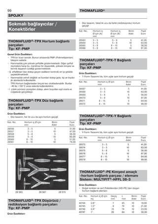 Sokmalı bağlayıcılar /
Konektörler
THOMAFLUID®-TPX Hortum bağlantı
parçaları
Tip: KF-PMP
Genel Ürün Özellikleri:
• TPX bir ticari isimdir. Bunun arkasında PMP (Polimetilpentan)
bileşimi saklıdır.
• Hammadde çok yüksek şeffaflık göstermektedir. Diğer şeffaf
reçinelere karşı bu, inanılmaz bir dayanıklık, yüksek kimyevi ve
termik dayanım özelliği göstermektedir.
• Ş effaflıktan’dan dolayı geçen sıvılıların kontrolü en iyi şekilde
yapılabilmektedir.
• Hammadde zehirli değildir ve bundan dolayı gıda, tıp ve biyolo-
jik alanlarda kullanılabilir.
TPX-Hortum bağlantısıları birçok kez otoklavlanabilir. Bunlar
-40 ile +130 °C arası ısılarda kullanılabilinir.
• İ çdeki pürüsüz yüzeyden dolayı, akım boyutları eşit oranlı ve
coğalarak gerçekleşir.
THOMAFLUID®-TPX Düz bağlantı
parçaları
Tip: KF-PMP
Ürün Özellikleri:
• Düz tasarım, her iki ucu da aynı hortum geçişli
Kat.-No. Hortum iç Ø için Birim Fiyat
mm Adet Euro
28556 3 – 5 5 31,00
28557 3 – 5 10 47,00
28558 5 – 8 5 38,00
28559 5 – 8 10 60,00
28560 8 – 15 5 51,00
28561 8 – 15 10 79,00
THOMAFLUID®-TPX Düşürücü /
redüksiyon bağlantı parçaları
Tip: KF-PMP
Ürün Özellikleri:
99
SPOJKY
THOMAFLUID®
• Düz tasarım, fakat iki ucu da farklı (redüksiyonlu) hortum
geçişli
Kat.-No. Hortum iç Hortum iç Birim Fiyat
Ø için (A) Ø için (B) Adet Euro
mm mm
28563 3 – 5 5 – 8 5 41,00
28564 3 – 5 5 – 8 10 63,00
28565 5 – 8 8 – 15 5 56,00
28566 5 – 8 8 – 15 10 87,00
THOMAFLUID®-TPX-T Bağlantı
parçaları
Tip: KF-PMP
Ürün Özellikleri:
• T-Form-Tasarımı’da, tüm uçlar aynı hortum geçişli
Kat.-No. Hortum iç Ø için Birim Fiyat
mm Adet Euro
28567 3 – 5 5 41,00
28568 3 – 5 10 63,00
28569 5 – 8 5 56,00
28570 5 – 8 10 87,00
28571 8 – 15 5 64,00
28572 8 – 15 10 99,00
THOMAFLUID®-TPX-Y Bağlantı
parçaları
Tip: KF-PMP
Ürün Özellikleri:
• Y-Form-Tasarımı’da, tüm uçlar aynı hortum geçişli
Kat.-No. Hortum iç Ø için Birim Fiyat
mm Adet Euro
28573 3 – 5 5 41,00
28574 3 – 5 10 63,00
28575 5 – 8 5 56,00
28576 5 – 8 10 87,00
28577 8 – 15 5 64,00
28578 8 – 15 10 99,00
THOMAFLUID®-PE Kimyevi amaçlı
-hortum bağlantı parçası / elemanı
Sistem: MULTIFIT®-HFFL 38-3
Ürün Özellikleri:
• Doğal renkten ve sert Polietilenden (HD-PE)’den oluşan
hortum bağlantı elemanı
Kat.-No. Hortum iç Ø için Geçiş L Birim Fiyat
inç mm mm Adet Euro
40744 3/8” 7 45 10 19,00
40745 1/2” 9 74 10 21,00
40746 3/4” 15 74 10 23,00
40747 1” 20 84 10 30,00
28 563 28 567 28 573
 
