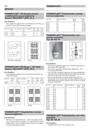 101
SPOJKY
THOMAFLUID®
THOMAFLUID®-PE Kimyevi amaçlı
-redüksiyonlu geçiş bağlantısı
Sistem: MULTIFIT®-HFFL 41-2
Ürün Özellikleri:
• Geçiş bağlantısı, doğal renkten sert Polietilenden (HD-PE) iç ve
dış yivli, ama tek tarafı redüksiyon geçişli.
Kat.-No. İç/dış yiv -vida dişi Dış yiv -vida dişi SW Birim Fiyat
inç inç mm Adet Euro
40712 R 3/4” R 1” 32 5 21,00
40713 R 3/4” R 3/4” 32 5 21,00
THOMAFLUID®-PE Kimya – çift nipel
Sistem: MULTIFIT®-HFFL 40-5
Ürün Özellikleri:
• Geçiş bağlantısı, doğal renkte sert Polietilenden (HD-PE), her
iki tarafı da dış yivli.
Kat.-No. Geçiş Dış yiv -vida dişi l SW Birim Fiyat
mm inç mm mm Adet Euro
40725 19 R 3/4” 45 32 10 34,00
THOMAPLAST® Polyesterden montaj
hortum bağlantısı
Ürün Özellikleri:
• Montaj hortum bağlantı elemanı, 1-10 mm arasındaki armatür
veya montaj duvarları için idealdir. 8 mm derinliğinde bir montaj
deliği gerektirir. Hortum bağlantısı alet olmadan monte edilebi-
lir ve tam sızdırmazlık garantiler.
THOMAPLAST® Polyesterden montaj
hortum bağlantısı
Kat.-No. Hortum iç Ø için Birim Fiyat
mm Adet Euro
40173 4,5 3 51,00
40174 4,5 10 118,00
40175 4,5 15 141,00
40176 9,0 3 51,00
40177 9,0 10 118,00
40178 9,0 15 141,00
THOMAPLAST® Polyesterden cam
hortum adaptörü
Tip: KF-KA 14
Ürün Özellikleri:
• Cam hortum adaptörü boyanmış, cam elyaf ile güçlendirilmiş,
termoplastik PBT (Polyester).
• Cam hortum adaptörleri otoklavlanabilir. Maksimum +180
°C’lik ısılarda kullanılırlar.
• Cam hortumlar neredeyse kullanımda hiç zorlanmadıklarından
zarar görmezler. Adaptörün takılması veya sökülmesi sırasında
hiçbir sorun yaşanmaz, yani hortum yamulmaz.
• Cam hortum adaptörleri şu ürünler içindir: Schott (GL 14),
Normag (RD 14) ve Corning (SQ 13) teslim edilebilir. Bunlar için
gerekli karşı parçası hortum rekorları dış-Ø 4,5 ile 9 mm olarak
iki boyda mevcutturlar.
Kat.-No. Dış yiv -vida dişi Hortum iç Ø için Birim Fiyat
GL mm Adet Euro
40179 GL14 4,5 1 14,00
40180 GL14 4,5 5 51,00
40181 GL14 9,0 1 14,00
40182 GL14 9,0 5 51,00
40183 RD14 4,5 1 14,00
40184 RD14 4,5 5 51,00
40185 RD14 9,0 1 14,00
40186 RD14 9,0 5 51,00
40187 SQ13 4,5 1 14,00
40188 SQ13 4,5 5 51,00
40189 SQ13 9,0 1 14,00
40190 SQ13 9,0 5 51,00
THOMAPLAST® Polyesterden cam vida
adaptörü
Tip: KF-KA 14
Ürün Özellikleri:
• THOMAPLAST®-cam hortum adaptörü gibi
40 716 (bk. sayfa 100) 40 712
40 724 40 724
40 173 40 179
GlasoliveO-
Ring
Gewinde-
kappeSchlauch-
teil
Klemmring
Flach-
dichtung
12mm
Flach-
dichtung
16mm
 