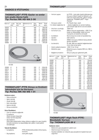21
HADICE S VÝZTUHOU
THOMAFLUID®
THOMAFLUID®-PTFE-Gazlar ve sıvılar
için analiz ölçme hattı
Tip: Peritec WK-HD-WA 2-06
Kat.no İ ç çap Dış çap Maksimum ısı Güç Birim Fiyat
mm mm °C W/m m Avro
10559 4 6 100 100 1 842,00
10560 4 6 100 100 2 1082,00
10561 4 6 100 100 5 1825,00
10562 6 8 100 100 1 873,00
10563 6 8 100 100 2 1155,00
10564 6 8 100 100 5 1998,00
10565 4 6 200 100 1 926,00
10566 4 6 200 100 2 1258,00
10567 4 6 200 100 5 2260,00
10568 6 8 200 100 1 975,00
10569 6 8 200 100 2 1354,00
10570 6 8 200 100 5 2499,00
10571 4 6 250 100 1 1006,00
10572 4 6 250 100 2 1348,00
10573 4 6 250 100 5 2382,00
10574 6 8 250 100 1 1066,00
10575 6 8 250 100 2 1461,00
10576 6 8 250 100 5 2628,00
THOMAFLUID®-PTFE-Kimya ve Endüstri
teknolojisi için Isı Hortumu
Tip: Peritec WK-HD-WS 1-01
Kullanım alanı:
• Gıda endüstrisi
• Işlem tekniği
• Analiz tekniği
• Iklim teknolojisi
• Işleme tekniği
• Kimya endüstrisi
Ürün Özellikleri:
• Çok iyi mekanik sağlamlık
• Iç kaplama:
Üstün kimyevi dayanıklı
Üstün termik dayanıklı
• Diş kaplama:
Özel çelik kaplamadan dolayı oldukca sağlam bir yapı (örgülü)
Isı tesisi tamamen ısı dayanıklılığı olan yalıtım materyalinle
donatılmıştır
Teknik Özellikleri:
• Iç kaplama: PTFE (Politetrafluoretilen) Orta basınç
hortumu
• Dış kaplama: özel çelik örgülü
• Hortum yapısı: Içi PTFE-, özel çelik örgülü,teflonlanmış
koruyucu ileken örgülü ısı iletkenli, çift
katlı cam elyaf dokumlaı, silikon sünger
kaplamalı, THOMAFLUID®-”High-
Flexible”
• Koruyucu astar: PA-Plastik örgü, siyah
• Ş ebeke bağlantısı: Ş ebeke bağlantısı ve sensör kablosu
çok kutuplu fişle tek bir ana borudadır.
• Ana boru uzunluğu: 1500 mm
• Isı hortum ucu: Silikon kauçuk-kapakcıkları, +200 °C’ye
kadar ısı dayanıklılığı, kablo koruma
manşonlu ve bükülme emniyetli
• Isı iletkeni: Neme karşı korumalı ve topraklanmış
• Gerilim: 230 V/50 Hz
• Denetim: 2000 V, koruyucu iletkene karşı yüksek
gerilim denetimi
• Isı densörü: Pt 100, 200 mm elektrik bağlantısından
önce veya veriye göre
• Azami çalışma basıncı: +200 °C’de 15 bar
• Bükülme çapı: Metal koruyucu örgüde 200 mm, NW 4,
6, 8 mm
• Bağlantı armatürü: Giriş ve çıkış için galvenizli çelik.
Kat.no İ ç çap Dış çap Maksimum ısı Güç Birim Fiyat
mm mm °C W/m m Avro
10589 4 6 100 100 1 728,00
10590 4 6 100 100 2 967,00
10591 4 6 100 100 3 1206,00
10577 6 8 100 100 1 748,00
10578 6 8 100 100 2 994,00
10579 6 8 100 100 3 1233,00
10580 8 10 100 100 1 815,00
10581 8 10 100 100 2 1097,00
10582 8 10 100 100 3 1387,00
10592 4 6 200 100 1 874,00
10593 4 6 200 100 2 1199,00
10594 4 6 200 100 3 1539,00
10583 6 8 200 100 1 891,00
10584 6 8 200 100 2 1233,00
10585 6 8 200 100 3 1573,00
10586 8 10 200 100 1 951,00
10587 8 10 200 100 2 1336,00
10588 8 10 200 100 3 1742,00
THOMAFLUID®-High-Tech-PTFE-
Büzülebilir Hortum
Tip: THOMAFLUOR-IR-V
Kullanım alanı:
• Elektronik yapı parçalarının yalıtımı için
• Ideal korosyon koruyucusu
• Hareket edebilen ve mekanik yapı parçalarının kaplanması için
uygundur.
10 559
10 589
 