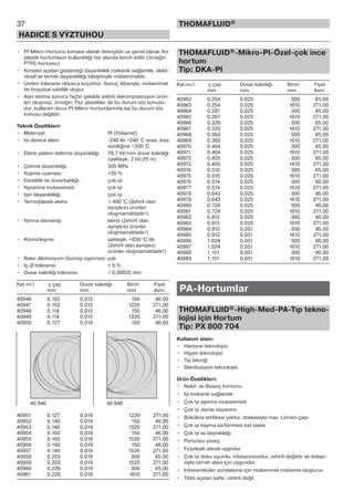 37
HADICE S VÝZTUHOU
THOMAFLUID®
• PI-Mikro-Hortumu kimyevi olarak dirençlidir ve genel olarak flor
plastik hortumların kullanıldığı her alanda tercih edilir.(örneğin
PTFE-hortumu)
• Kimyevi açıdan gösterdiği dayanıklılık mekanik sağlamlık, elekt-
riksel ve termik dayanıklılığı bileşimiyle mükemmeldir.
• Üretim toleransı oldukca küçüktür. Sonuç itibarıyla, mükemmel
bir boyutsal sabitlik oluşur.
• Aşırı ısınma sonucu hiçbir şekilde zehirli dekomposizsyon ürün-
leri oluşmaz; örneğin: Flur plastikler de bu durum söz konusu-
dur, kullanım durur.PI-Mikro-hortumlarında ise bu durum söz
konusu değildir.
Teknik Özellikleri:
• Materyal: PI (Poliamid)
• Isı derece alanı: -240 ile +240 °C arası, kısa
süreliğine +300 °C
• Elektr.yalıtım delinme dayanıklığı: 78,7 kV/mm duvar kalınlığı
(yaklaşık. 2 kV/25 m)
• Çekme dayanıklığı: 305 MPa
• Kopma uzaması: +50 %
• Esneklik ve duvarkatılığı: çok iyi
• Yıpranma mukavemeti: çok iyi
• Işın dayanıklılığı: çok iyi
• Termoplastik akımı: > 400 °C (Zehirli olan
ayrıştırıcı ürünler
oluşmamaktadır!)
• Yanma davranışı: keine (Zehirli olan
ayrıştırıcı ürünler
oluşmamaktadır!)
• Kömürleşme: yaklaşık. +850 °C’de
(Zehirli olan ayrıştırcı
ürünler oluşmamaktadır!)
• Bakır-Alüminyum-Gümüş-aşınması: yok
• Iç-Ø toleransı: ± 5 %
• Duvar kalınlığı toleransı: ± 0,00635 mm
Kat.no İ ç çap Duvar kalınlığı Birim Fiyat
mm mm mm Avro
40946 0,102 0,013 150 46,00
40947 0,102 0,013 1220 271,00
40948 0,114 0,013 150 46,00
40949 0,114 0,013 1220 271,00
40950 0,127 0,019 150 46,00
40951 0,127 0,019 1220 271,00
40952 0,140 0,019 150 46,00
40953 0,140 0,019 1520 271,00
40954 0,160 0,019 150 46,00
40955 0,160 0,019 1520 271,00
40956 0,180 0,019 150 46,00
40957 0,180 0,019 1520 271,00
40958 0,203 0,019 300 85,00
40959 0,203 0,019 1520 271,00
40960 0,226 0,019 300 85,00
40961 0,226 0,019 1610 271,00
THOMAFLUID®-Mikro-PI-Özel-çok ince
hortum
Tip: DKA-PI
Kat.no İ ç çap Duvar kalınlığı Birim Fiyat
mm mm mm Avro
40962 0,254 0,025 300 85,00
40963 0,254 0,025 1610 271,00
40964 0,287 0,025 300 85,00
40965 0,287 0,025 1610 271,00
40966 0,320 0,025 300 85,00
40967 0,320 0,025 1610 271,00
40968 0,360 0,025 300 85,00
40969 0,360 0,025 1610 271,00
40970 0,404 0,025 300 85,00
40971 0,404 0,025 1610 271,00
40972 0,455 0,025 300 85,00
40973 0,455 0,025 1610 271,00
40974 0,510 0,025 300 85,00
40975 0,510 0,025 1610 271,00
40976 0,574 0,025 300 90,00
40977 0,574 0,025 1610 271,00
40978 0,643 0,025 300 90,00
40979 0,643 0,025 1610 271,00
40980 0,724 0,025 300 90,00
40981 0,724 0,025 1610 271,00
40982 0,813 0,025 300 90,00
40983 0,813 0,025 1610 271,00
40984 0,912 0,051 300 90,00
40985 0,912 0,051 1610 271,00
40986 1,024 0,051 300 90,00
40987 1,024 0,051 1610 271,00
40988 1,151 0,051 300 90,00
40989 1,151 0,051 1610 271,00
PA-Hortumlar
THOMAFLUID®-High-Med-PA-Tıp tekno-
lojisi için Hortum
Tip: PX 800 704
Kullanım alanı:
• Hastane teknolojisi
• Hijyen teknolojisi
• Tıp tekniği
• Sterilizasyon teknolojisi
Ürün Özellikleri:
• Nakil- ve Basınç hortumu
• Iyi mekanik sağlamlık
• Çok iyi aşınma mukavemeti
• Çok iyi darbe dayanımı
• Bükülme tehlikesi yoktur, dolayısıyla max. Lümen-çapı
• Çok iyi kayma sürtünmesi kat sayısı
• Çok iyi ısı daynıklılığı
• Pürüzsüz yüzey
• Fizyolojik olarak uygndur
• Çok iyi doku uyumlu, iritasyonsuzdur, zehirli değildir ve dolayı-
sıyla cerrah alanı için uygundur.
• Intravertiküler sondalama için mükemmel malzeme oluşturur.
• Tıbbi açıdan saftır, zehirli değil
40 946 40 946
 