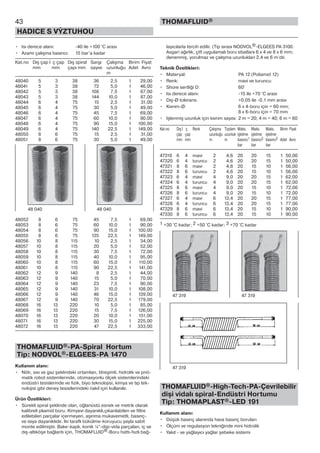 43
HADICE S VÝZTUHOU
THOMAFLUID®
• Isı derece alanı: -40 ile +100 °C arası
• Azami çalışma basıncı: 15 bar’a kadar
Kat.no Dış çap İ ç çap Dış spiral Sargı Çalışma Birim Fiyat
mm mm çapı mm sayısı uzunluğu Adet Avro
m
48040 5 3 38 36 2,5 1 29,00
48041 5 3 38 72 5,0 1 46,00
48042 5 3 38 108 7,5 1 67,00
48043 5 3 38 144 10,0 1 87,00
48044 6 4 75 15 2,5 1 31,00
48045 6 4 75 30 5,0 1 49,00
48046 6 4 75 45 7,5 1 69,00
48047 6 4 75 60 10,0 1 90,00
48048 6 4 75 90 15,0 1 100,00
48049 6 4 75 140 22,5 1 149,00
48050 8 6 75 15 2,5 1 31,00
48051 8 6 75 30 5,0 1 49,00
48052 8 6 75 45 7,5 1 69,00
48053 8 6 75 60 10,0 1 90,00
48054 8 6 75 90 15,0 1 100,00
48055 8 6 75 135 22,5 1 149,00
48056 10 8 115 10 2,5 1 34,00
48057 10 8 115 20 5,0 1 52,00
48058 10 8 115 30 7,5 1 72,00
48059 10 8 115 40 10,0 1 95,00
48060 10 8 115 60 15,0 1 110,00
48061 10 8 115 90 22,5 1 141,00
48062 12 9 140 8 2,5 1 44,00
48063 12 9 140 15 5,0 1 70,00
48064 12 9 140 23 7,5 1 90,00
48065 12 9 140 31 10,0 1 108,00
48066 12 9 140 46 15,0 1 139,00
48067 12 9 140 70 22,5 1 179,00
48068 16 13 220 10 5,0 1 85,00
48069 16 13 220 15 7,5 1 126,00
48070 16 13 220 20 10,0 1 151,00
48071 16 13 220 30 15,0 1 225,00
48072 16 13 220 47 22,5 1 333,00
THOMAFLUID®-PA-Spiral Hortum
Tip: NODVOL®-ELGEES-PA 1470
Kullanım alanı:
• Nötr, sıvı ve gaz şeklindeki ortamları, titreşimli, hidrolik ve pnö-
matik robot sistemlerinde, otomasyonlu ölçek sistemlerindeki
endüstri tesislerinde ve fizik, biyo teknolojisi, kimya ve tıp tek-
nolojisi gibi deney tesisilerindeki nakil için kullanılır.
Ürün Özellikleri:
• Sürekli spiral şeklinde olan, oğlanüstü esnek ve metrik olarak
kalibreli plıamid boru. Kimyevi dayanıklı,çıkarılabilen ve filtre
edilebilen parçalar içermeyen, aşınma mukavemetli, basınç-
ve ısıya dayanıklıdır. Iki taraflı bükülme-koruyucu yayla sabit
monte edilmiştir. Bakır-kaplı, konik ¼“-dişi-vida parçaları, iç ve
dış-altıköşe bağlantı için, THOMAFLUID®-Boru hattı-hızlı bağ-
layıcılarla tercih edilir. (Tip sırası NODVOL®-ELGEES PA 3100.
Asgari ağırlık, çift uygulamalı boru ebatlarıı 6 x 4 ve 8 x 6 mm;
denenmiş, yorulmaz ve çalışma uzunlukları 2,4 ve 6 m’dir.
Teknik Özellikleri:
• Materyal: PA 12 (Poliamid 12)
• Renk: mavi ve turuncu
• Shore sertliği D: 60°
• Isı derece alanı: -15 ile +70 °C arası
• Dış-Ø tolerans: +0,05 ile -0,1 mm arası
• Kıvrım-Ø: 6 x 4-boru için = 60 mm;
8 x 6-boru için = 70 mm
• Işlenmiş uzunluk için kıvrım sayısı: 2 m = 20; 4 m = 40; 6 m = 60
Kat.no Dış İ ç Renk Çalışma Toplam Maks. Maks. Maks. Birim Fiyat
çap çap uzunluğu uzunluk işletme işletme işletme
mm mm m m basıncı1 basıncı2 basıncı2 Adet Avro
bar bar bar
47319 6 4 mavi 2 4,6 20 20 15 1 50,00
47320 6 4 turuncu 2 4,6 20 20 15 1 50,00
47321 8 6 mavi 2 4,6 20 15 10 1 56,00
47322 8 6 turuncu 2 4,6 20 15 10 1 56,00
47323 6 4 mavi 4 9,0 20 20 15 1 62,00
47324 6 4 turuncu 4 9,0 20 20 15 1 62,00
47325 8 6 mavi 4 9,0 20 15 10 1 72,00
47326 8 6 turuncu 4 9,0 20 15 10 1 72,00
47327 6 4 mavi 6 13,4 20 20 15 1 77,00
47328 6 4 turuncu 6 13,4 20 20 15 1 77,00
47329 8 6 mavi 6 13,4 20 15 10 1 90,00
47330 8 6 turuncu 6 13,4 20 15 10 1 90,00
1 +30 °C kadar; 2 +50 °C kadar; 3 +70 °C kadar
THOMAFLUID®-High-Tech-PA-Çevrilebilir
dişi vidalı spiral-Endüstri Hortumu
Tip: THOMAPLAST®-LED 191
Kullanım alanı:
• Düşük basınç alanında hava basınç boruları
• Ölçüm ve regulasyon tekniğinde mini hidrolik
• Yakıt - ve yağlayıcı yağlar şebeke sistemi
48 040 48 040
47 319 47 319
47 319
 