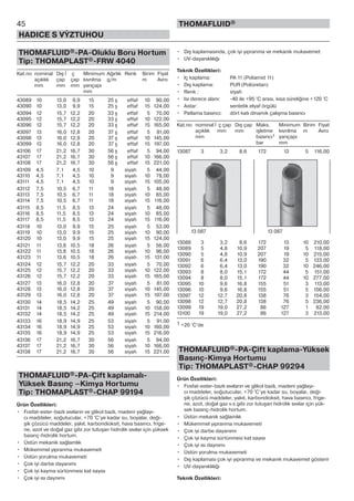THOMAFLUID®-PA-Oluklu Boru Hortum
Tip: THOMAPLAST®-FRW 4040
Kat.no nominal Dış İ ç Minimum Ağırlık Renk Birim Fiyat
açıklık çap çap kıvrılma g/m m Avro
mm mm mm yarıçapı
mm
43089 10 13,0 9,9 15 25 ş effaf 10 90,00
43090 10 13,0 9,9 15 25 ş effaf 15 124,00
43094 12 15,7 12,2 20 33 ş effaf 5 70,00
43095 12 15,7 12,2 20 33 ş effaf 10 122,00
43096 12 15,7 12,2 20 33 ş effaf 15 165,00
43097 13 16,0 12,8 20 37 ş effaf 5 81,00
43098 13 16,0 12,8 20 37 ş effaf 10 145,00
43099 13 16,0 12,8 20 37 ş effaf 15 197,00
43106 17 21,2 16,7 30 56 ş effaf 5 94,00
43107 17 21,2 16,7 30 56 ş effaf 10 166,00
43108 17 21,2 16,7 30 56 ş effaf 15 221,00
43109 4,5 7,1 4,5 10 9 siyah 5 44,00
43110 4,5 7,1 4,5 10 9 siyah 10 78,00
43111 4,5 7,1 4,5 10 9 siyah 15 105,00
43112 7,5 10,5 6,7 11 18 siyah 5 48,00
43113 7,5 10,5 6,7 11 18 siyah 10 85,00
43114 7,5 10,5 6,7 11 18 siyah 15 116,00
43115 8,5 11,5 8,5 13 24 siyah 5 48,00
43116 8,5 11,5 8,5 13 24 siyah 10 85,00
43117 8,5 11,5 8,5 13 24 siyah 15 116,00
43118 10 13,0 9,9 15 25 siyah 5 53,00
43119 10 13,0 9,9 15 25 siyah 10 90,00
43120 10 13,0 9,9 15 25 siyah 15 124,00
43121 11 13,6 10,5 18 26 siyah 5 56,00
43122 11 13,6 10,5 18 26 siyah 10 96,00
43123 11 13,6 10,5 18 26 siyah 15 131,00
43124 12 15,7 12,2 20 33 siyah 5 70,00
43125 12 15,7 12,2 20 33 siyah 10 122,00
43126 12 15,7 12,2 20 33 siyah 15 165,00
43127 13 16,0 12,8 20 37 siyah 5 81,00
43128 13 16,0 12,8 20 37 siyah 10 145,00
43129 13 16,0 12,8 20 37 siyah 15 197,00
43130 14 18,5 14,2 25 49 siyah 5 90,00
43131 14 18,5 14,2 25 49 siyah 10 158,00
43132 14 18,5 14,2 25 49 siyah 15 214,00
43133 16 18,9 14,9 25 53 siyah 5 91,00
43134 16 18,9 14,9 25 53 siyah 10 160,00
43135 16 18,9 14,9 25 53 siyah 15 216,00
43136 17 21,2 16,7 30 56 siyah 5 94,00
43137 17 21,2 16,7 30 56 siyah 10 166,00
43138 17 21,2 16,7 30 56 siyah 15 221,00
THOMAFLUID®-PA-Çift kaplamalı-
Yüksek Basınç –Kimya Hortumu
Tip: THOMAPLAST®-CHAP 99194
Ürün Özellikleri:
• Fosfat-ester-bazlı sıvıların ve glikol bazlı, madeni yağlayı-
cı maddeler, soğutucular, +70 °C’ye kadar su, boyalar, deği-
şik çözücü maddeler, yakıt, karbondioksit, hava basıncı, frige-
ne, azot ve doğal gaz gibi zor tutuşan hidrolik sıvılar için yüksek
basınç-hidrolik hortum.
• Üstün mekanik sağlamlık
• Mükemmel yıpranma mukavemeti
• Üstün yorulma mukavemeti
• Çok iyi darbe dayanımı
• Çok iyi kayma sürtünmesi kat sayısı
• Çok iyi ısı daynımı
• Dış kaplamasında, çok iyi yıpranma ve mekanik mukavemet
• UV-dayanıklılığı
Teknik Özellikleri:
• Iç kaplama: PA 11 (Poliamid 11)
• Dış kaplama: PUR (Poliüretan)
• Renk : siyah
• Isı derece alanı: -40 ile +95 °C arası, kısa süreliğine +120 °C
• Astar: sentetik elyaf örgülü
• Patlama basıncı: dört katı dinamik çalışma basıncı
Kat.no nominal İ ç çap Dış çap Maks. Minimum Birim Fiyat
açıklık mm mm işletme kıvrılma m Avro
mm basıncı1 yarıçapı
bar mm
13087 3 3,2 8,6 172 13 5 116,00
13088 3 3,2 8,6 172 13 10 210,00
13089 5 4,8 10,9 207 19 5 118,00
13090 5 4,8 10,9 207 19 10 215,00
13091 6 6,4 13,0 190 32 5 133,00
13092 6 6,4 13,0 190 32 10 246,00
13093 8 8,0 15,1 172 44 5 151,00
13094 8 8,0 15,1 172 44 10 277,00
13095 10 9,6 16,8 155 51 3 113,00
13096 10 9,6 16,8 155 51 5 156,00
13097 12 12,7 20,8 138 76 3 154,00
13098 12 12,7 20,8 138 76 5 236,00
13099 19 19,0 27,2 86 127 1 82,00
13100 19 19,0 27,2 86 127 3 213,00
1 +20 °C‘de
THOMAFLUID®-PA-Çift kaplama-Yüksek
Basınç-Kimya Hortumu
Tip: THOMAPLAST®-CHAP 99294
Ürün Özellikleri:
• Fosfat-ester-bazlı sıvıların ve glikol bazlı, madeni yağlayı-
cı maddeler, soğutucular, +70 °C’ye kadar su, boyalar, deği-
şik çözücü maddeler, yakıt, karbondioksit, hava basıncı, frige-
ne, azot, doğal gaz v.s.gibi zor tutuşan hidrolik sıvılar için yük-
sek basınç-hidrolik hortum.
• Üstün mekanik sağlamlık
• Mükemmel yıpranma mukavemeti
• Çok iyi darbe dayanımı
• Çok iyi kayma sürtünmesi kat sayısı
• Çok iyi ısı daynımı
• Üstün yorulma mukavemeti
• Dış kaplaması çok iyi yıpranma ve mekanik mukavemet gösterir
• UV-dayanıklılığı
Teknik Özellikleri:
45
HADICE S VÝZTUHOU
THOMAFLUID®
13 087 13 087
 
