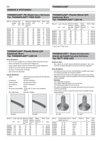 54
HADICE S VÝZTUHOU
THOMAFLUID®
THOMAFLUID®-PE-Oluklu boru-Hortumu
Tip: THOMAPLAST®-FRW 4020
Kat.no nominal Dış İ ç Minimum Ağırlık Renk Birim Fiyat
açıklık çap çap kıvrılma g/m m Avro
mm mm mm yarıçapı
mm
43219 13 15,8 12,4 20 39 siyah 15 93,00
43220 14 18,3 14,0 25 44 siyah 5 40,00
43221 14 18,3 14,0 25 44 siyah 10 70,00
43222 14 18,3 14,0 25 44 siyah 15 95,00
43223 16 18,7 14,6 25 50 siyah 5 42,00
43224 16 18,7 14,6 25 50 siyah 10 73,00
43225 16 18,7 14,6 25 50 siyah 15 99,00
43226 17 20,9 16,0 30 56 siyah 5 47,00
43227 17 20,9 16,0 30 56 siyah 10 81,00
43228 17 20,9 16,0 30 56 siyah 15 111,00
THOMAFLUID®-Plastik/Metal-Çift
kaplamalı-Boru
Tip: THOMAPLAST®-LED 34
Ürün Özellikleri:
• Fiş ve su boru bağlantısı için plastik/metal-kompozit borular
• Elden bükülebilir ama yinede şekil değiştirmez
• Asgari ağırlık genel metal borulardan daha düşük ağırlıktadır.
• Kullanım için özel takımlar gerekmemektedir.
• Korosyon mukavemeti verilmiştir
• Çok iyi kimyevi dayanıklı
Teknik Özellikleri:
• Yapım: HD-PE/Aluminyumfolyo/HD-PE (Difüzyon
kaplama)
• Iç kaplama: HD-PE (Polietilen)
• Verbundseele: Al (Aluminyumfolyo)
• Dış kaplama: HD-PE (Polietilen)
• Renk: siyah
• Isı derece dayanıklığı: -25 ile +65 °C arası, kısa süreliğine
+80 °C
• Gaz yoğunluğu: geçirgen değildir
Kat.no İ ç çap Dış çap Minimum Maks. Maks. Birim Fiyat
kıvrılma işletme işletme
mm mm yarıçapı basıncı1 basıncı2 m Avro
mm bar bar
302807 3,9 6,0 19 30 17 5 82,00
302808 3,9 6,0 19 30 17 15 198,00
302809 5,3 8,0 25 30 17 5 126,00
302810 5,3 8,0 25 30 17 15 300,00
302811 6,9 10,0 32 30 17 5 164,00
302812 6,9 10,0 32 30 17 15 370,00
THOMAFLUID®-Plastik/Metal-Çift
kaplamalı-Boru
Tip: THOMAPLAST®-LED 34
Kat.no İ ç çap Dış çap Minimum Maks. Maks. Birim Fiyat
kıvrılma işletme işletme
mm mm yarıçapı basıncı1 basıncı2 m Avro
mm bar bar
302813 8,2 12,0 40 24 12 5 196,00
302814 8,2 12,0 40 24 12 15 428,00
302815 9,8 14,0 63 24 12 5 230,00
302816 9,8 14,0 63 24 12 15 476,00
302817 10,8 15,0 70 24 12 5 236,00
302818 10,8 15,0 70 24 12 15 492,00
302819 15,0 18,0 175 17 10 5 248,00
302820 15,0 18,0 175 17 10 15 516,00
1 +25 °C‘de; 2 +65 °C‘de
THOMAFLUID®- Yüzey koruyucusu
olarak ağ örgülü koruma hortumu
Tip: RCT®-KAS-LED
Kullanım alanı:
• Aks, silindir ve mil gibi hassas dönebilen parçaların, alet, cam,
seramik ve ahşap parçaların yüzey koruması için uygundur.
Ürün Özellikleri:
• Ağ örgülü koruma hortumu döndürülebilir ve şekle uyar böyle-
ce indirilmiş parçalar da komple sarılabilir
• Ağ örgülü koruma hortumu ile kaplanmış yüzeyler veya amba-
lajlanmış parçalar risksiz bir şekilde karton veya konteynırlarda
nakliye edilebilir.
• Modeller:
Tip 1 (Standart program)
Tip 2 (Kalın iplikli ağ örgülü koruma hortum)
Tip 3 (Geniş ağ örgülü koruma hortum)
• Emniyetli ambalajlarda da parçalar ağ örgülü koruma hortumu
arasında görülebilir.
• Farklı hortum renkleri sayesinde (renk kodu) karışıklık olması
önlenmektedir.
Kat.no büzüşmeden.den-e Renk Tasarım Birim Fiyat
kadar çap mm m Avro
331257 6 -15 kırmızı 1 10 20,00
331258 6 -15 kırmızı 1 30 50,00
331259 12 -25 mavi 1 10 28,00
331260 12 -25 mavi 1 30 66,00
331261 20 -40 sarı 1 10 36,00
331262 20 -40 sarı 1 30 88,00
331263 30 -60 yeşil 1 10 44,00
331264 30 -60 yeşil 1 30 110,00
30 2807 30 2807 33 1257 33 1257
 