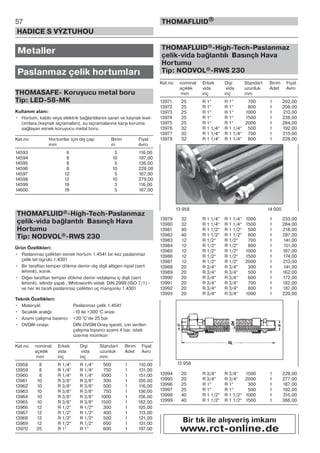 57
HADICE S VÝZTUHOU
THOMAFLUID®
Metaller
Paslanmaz çelik hortumları
THOMASAFE- Koruyucu metal boru
Tip: LED-58-MK
Kullanım alanı:
• Hortum, kablo veya elektrik bağlantılarını saran ve kaynak kıvıl-
cımlara (kaynak sıçramaları), su sıçramalarına karşı koruma
sağlayan esnek koruyucu metal boru.
Kat.no Hortumlar için dış çap Birim Fiyat
mm m Avro
14593 6 5 116,00
14594 6 10 197,00
14595 8 5 136,00
14596 8 10 228,00
14597 12 5 167,00
14598 12 10 279,00
14599 19 3 116,00
14600 19 5 167,00
THOMAFLUID®-High-Tech-Paslanmaz
çelik-vida bağlantılı Basınçlı Hava
Hortumu
Tip: NODVOL®-RWS 230
Ürün Özellikleri:
• Paslanmaz çelikten esnek hortum 1.4541 bir kez paslanmaz
çelik tel ögrülü 1.4301
• Bir taraftan temper dökme demir-dış dişli altıgen nipel (sert
lehimli), konik
• Diğer taraftan temper dökme demir-vidalama iç dişli (sert
lehimli), silindir yapılı , Whitoworth-vidalı DIN 2999 (ISO 7/1) -
ve her iki tarafı paslanmaz çelikten uç manşonlu 1.4301
Teknik Özellikleri:
• Materyal: Paslanmaz çelik 1.4541
• Sıcaklık aralığı: -10 ile +300 °C arası
• Azami çalışma basıncı: +20 °C‘de 25 bar
• DVGW-onayı: DIN-DVGW Onay işareti, izin verilen
çalışma basıncı azami 4 bar, istek
üzerine mümkün
Kat.no nominal Erkek Dişi Standart Birim Fiyat
açıklık vida vida uzunluk Adet Avro
mm inç inç mm
13958 8 R 1/4“ R 1/4“ 500 1 110,00
13959 8 R 1/4“ R 1/4“ 750 1 131,00
13960 8 R 1/4“ R 1/4“ 1000 1 151,00
13961 10 R 3/8“ R 3/8“ 300 1 100,00
13962 10 R 3/8“ R 3/8“ 500 1 116,00
13963 10 R 3/8“ R 3/8“ 750 1 136,00
13964 10 R 3/8“ R 3/8“ 1000 1 156,00
13965 10 R 3/8“ R 3/8“ 1500 1 182,00
13966 12 R 1/2“ R 1/2“ 300 1 105,00
13967 12 R 1/2“ R 1/2“ 400 1 113,00
13968 12 R 1/2“ R 1/2“ 500 1 121,00
13969 12 R 1/2“ R 1/2“ 600 1 131,00
13970 25 R 1“ R 1“ 600 1 197,00
THOMAFLUID®-High-Tech-Paslanmaz
çelik-vida bağlantılı Basınçlı Hava
Hortumu
Tip: NODVOL®-RWS 230
Kat.no nominal Erkek Dişi Standart Birim Fiyat
açıklık vida vida uzunluk Adet Avro
mm inç inç mm
13971 25 R 1“ R 1“ 700 1 202,00
13972 25 R 1“ R 1“ 800 1 208,00
13973 25 R 1“ R 1“ 1000 1 213,00
13974 25 R 1“ R 1“ 1500 1 238,00
13975 25 R 1“ R 1“ 2000 1 284,00
13976 32 R 1 1/4“ R 1 1/4“ 500 1 192,00
13977 32 R 1 1/4“ R 1 1/4“ 700 1 215,00
13978 32 R 1 1/4“ R 1 1/4“ 800 1 228,00
13979 32 R 1 1/4“ R 1 1/4“ 1000 1 233,00
13980 32 R 1 1/4“ R 1 1/4“ 1500 1 284,00
13981 40 R 1 1/2“ R 1 1/2“ 500 1 218,00
13982 40 R 1 1/2“ R 1 1/2“ 800 1 287,00
13983 12 R 1/2“ R 1/2“ 700 1 141,00
13984 12 R 1/2“ R 1/2“ 800 1 151,00
13985 12 R 1/2“ R 1/2“ 1000 1 167,00
13986 12 R 1/2“ R 1/2“ 1500 1 174,00
13987 12 R 1/2“ R 1/2“ 2000 1 213,00
13988 20 R 3/4“ R 3/4“ 300 1 141,00
13989 20 R 3/4“ R 3/4“ 500 1 162,00
13990 20 R 3/4“ R 3/4“ 600 1 172,00
13991 20 R 3/4“ R 3/4“ 700 1 182,00
13992 20 R 3/4“ R 3/4“ 800 1 187,00
13993 20 R 3/4“ R 3/4“ 1000 1 220,00
13994 20 R 3/4“ R 3/4“ 1500 1 228,00
13995 20 R 3/4“ R 3/4“ 2000 1 277,00
13996 25 R 1“ R 1“ 300 1 167,00
13997 25 R 1“ R 1“ 500 1 192,00
13998 40 R 1 1/2“ R 1 1/2“ 1000 1 315,00
13999 40 R 1 1/2“ R 1 1/2“ 1500 1 366,00
13 958 14 000
13 958
Bir tık ile alışveriş imkanı
www.rct-online.de
 