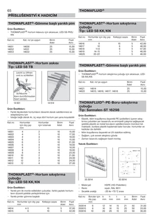 THOMAPLAST®-Hortum sıkıştırma
çubuğu
Tip: LED 58 KK/KN
Kat.no Hortumlar için dış çap Kelepçe sayısı Birim Fiyat
mm Adet Avro
14616 8 10 5 42,00
14617 10 6 5 46,00
14618 11,6 6 5 57,00
14619 14-15 1 5 46,00
14620 20-22 1 5 46,00
THOMAPLAST®-Gömme başlı yarıklı pim
Ürün Özellikleri:
• THOMAPLAST®-hortum sıkıştırma çubuğu için aksesuar, LED-
58-KK/KN
Kat.no Kat. no‘ya uygun Birim Fiyat
Adet Avro
14621 14614 25 15,00
14622 14615; 14616; 14617; 14618 25 15,00
THOMAFLUID®-PE-Boru-sıkıştırma
çubuğu
Tip: Sannalen-ST 16298
Ürün Özellikleri:
• Elastik, iklim koşullarına dayanıklı PE (polietilen) içeren sıkış-
tırma çubukları yer tasaarufu ve emniyetli çalışma sağlayacak
şekilde plastik ve metal boruların sabitlenmesini mümkün kıl-
maktadır, bunlara plastik kaplamalı bakır borular, hortumlar ve
kablolar da dahildir.
• Iklim koşullarına dayanıklı ve UV stabilize edilmiş
• Sağlam, çok esnek sıkıştırıcı gövde
• Zaman tasarufu sağlayan basit montaj.
Teknik Özellikleri:
• Materyal: HDPE (HD-Polietilen)
• Renk: siyah, RAL 9011
• Sıcaklık aralığı: -20 ile +70 °C arası
Kat.no Borular için b h t a Birim Fiyat
dış çap mm mm mm mm Adet Avro
mm
350014 6 12 14 15 21 50 31,00
350015 8 16 16 15 25 50 33,00
350016 10 20 20 15 22 50 36,00
65
PŘÍSLUŠENSTVÍ K HADICÍM
THOMAFLUID®
THOMAPLAST®-Gömme başlı yarıklı pim
Ürün Özellikleri:
• THOMAPLAST®-hortum kılavuzu için aksesuar, LED-58-PKS/
KN
Kat.no Kat. no’ya uygun Birim Fiyat
Adet Avro
14651 14630 25 15,00
14652 14531 25 15,00
14653 14632 25 15,00
THOMAPLAST®-Hortum askısı
Tip: LED 58 TB
Ürün Özellikleri:
• Farklı ölçülerdeki hortumların devamlı olarak sabitlenmesi ve
adaptasyonu için
• Isteğe bağlı olarak iki, üç veya dört hortum yan yana koyulabilir
Kat.no Hortumlar Hortumlar Birim Fiyat
için dış çap için tutamak Adet Avro
mm
14601 4 2 10 15,00
14602 4 3 10 17,00
14603 4 4 10 19,00
14604 6 2 10 15,00
14605 6 3 10 21,00
14606 6 4 10 19,00
14607 8 2 10 18,00
14608 8 3 10 19,00
14609 8 4 10 23,00
14610 10 2 10 21,00
14611 10 4 10 24,00
14612 12 2 10 24,00
14613 12 4 10 27,00
THOMAPLAST®-Hortum sıkıştırma
çubuğu
Tip: LED 58 KK/KN
Ürün Özellikleri:
• Yarıklı pim ile monte edilebilen çubuklar, farklı çaptaki hortum-
ların düzenli şekilde yerleştirilmesi için
• Yarıklı pimler gömme başlıdır
Kat.no Hortumlar için dış çap Kelepçe sayısı Birim Fiyat
mm Adet Avro
14614 4-5 10 5 37,00
14615 6 10 5 42,00
14 601 14 614
Leicht zu öffnen
und zu schließen
Schläuche
Kann durchSchrauben
fixiert werden.
35 0014 35 0014
 