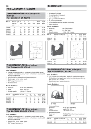 66
PŘÍSLUŠENSTVÍ K HADICÍM
THOMAFLUID®
THOMAFLUID®-PE-Boru-sıkıştırma
çubuğu
Tip: Sannalen-ST 16298
Kat.no Borular için b h t a Birim Fiyat
dış çap mm mm mm mm Adet Avro
mm
350017 12 24 21 15 26 50 41,00
350018 15 27 34 15 29 25 33,00
350019 18 31 35 15 33 25 36,00
350020 22 36 37 15 38 25 41,00
350021 28 44 39 15 46 25 46,00
THOMAFLUID®-PE-Boru kıskacı
Tip: Sannalen-ST 16298
Ürün Özellikleri:
• Elastik, kimyevi dayanıklı PE (polietilen) içeren kıskaç şeritle-
ri; plastik ve metal boruların, hortum ve kabloların vesaire sabit-
lenmesi için kullanılır.
• Iklim koşullarına dayanıklı ve UV stabilize edilmiş
• Sağlam, çok esnek kıskaç gövde
• 240°‘yi aşan kablo sarımı
• Basit sabitleme
Teknik Özellikleri:
• Materyal: HDPE (HD-Polietilen)
• Renk: siyah, RAL 9011
• Sıcaklık aralığı: -20 ile +70 °C arası
Kat.no Borular için dış çap k H b Birim Fiyat
mm mm mm mm Adet Avro
350006 16 32 32 16 20 25,00
350007 20 32 34 16 20 28,00
350008 25 41 35 17 20 32,00
350009 32 49 44 16 20 41,00
THOMAFLUID®-PP-Boru kıskacı
Tip: THOMAPROP-ST 16298
Ürün Özellikleri:
• Elastik, kimyevi dayanıklı PE (polietilen) içeren kıskaç şeritle-
ri; plastik ve metal boruların, hortum ve kabloların vesaire sabit-
lenmesi için kullanılır.
• Sağlam, çok esnek kıskaç gövde
• 240°’yi aşan kablo sarımı
• Isıya karşı iyi dayanır
• Kimyevi açıdan iyi dayanıklı
• Hidroliz dayanıklı
• Çok iyi dielektrik özellikleri
• Iyi mekanik sağlamlık
• Soğuğa karşı dayanıklı değildir (gevreme)
• Basit sabitleme
Teknik Özellikleri:
• Materyal: PP (Polipropilen)
• Renk: gri, RAL 7032
• Sıcaklık aralığı: +10 ile +80 °C arası
Kat.no Borular için dış çap k H b Birim Fiyat
mm mm mm mm Adet Avro
350010 16 32 32 16 20 25,00
350011 20 32 34 16 20 28,00
350012 25 41 35 17 20 32,00
350013 32 49 44 16 20 41,00
THOMAFLUID®-PE-Boru kelepçesi
Tip: Sannalen-ST 16298
Ürün Özellikleri:
• Çok sağlam boru kelepçeleri, elastik ve kimyevi dayanıklı PE
(Polipropilen)‘den yapılmıştır, şeklini koruyan çerçeve dirençli
PVC-U içerir. VCI-Tasarım
• Elastik ve kimyevi açıdan dayanıklı.
Teknik Özellikleri:
• Kelepçe gövdesi:
Materyal: HDPE (HD-Polietilen)
Renk: siyah, RAL 9011
Sıcaklık aralığı: -20 ile +50 °C arası
• Kelepçe çerçevesi:
Materyal: PVC-U (Polivinilklorür, yumuşatıcısız
Renk: gri, RAL 7011
Kat.no Borular için dış çap k H b Birim Fiyat
mm mm mm mm Adet Avro
350000 40 58 68 25 10 24,00
35 0006 35 0006 35 0010 350010
35 0000 35 0000
 